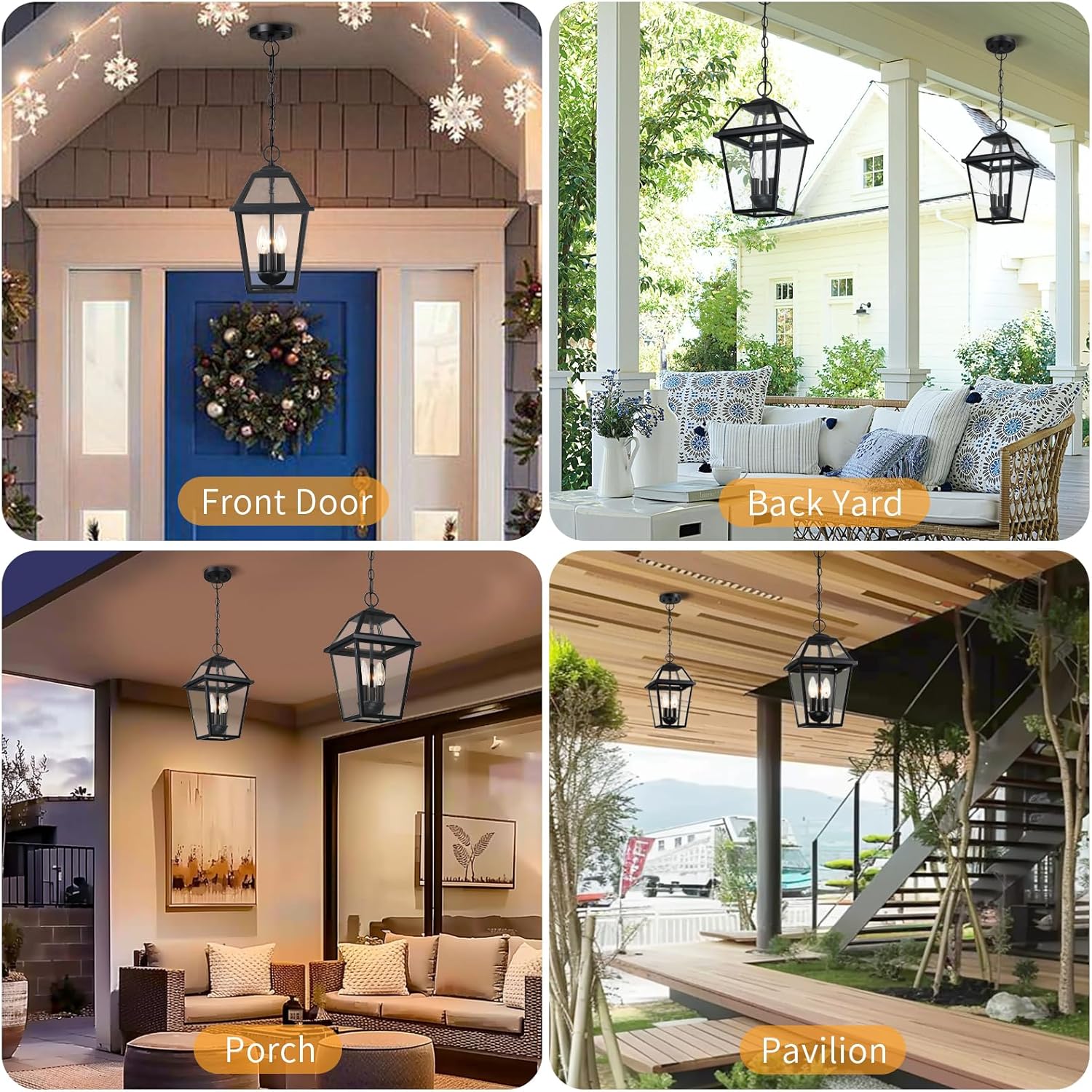 Large Outdoor Hanging Pendant Light 3-Light, 16'' Modern Exterior Hanging Fixture, Farmhouse Matte Black Outside Chandelier with Clear Glass for Front Porch Entryway