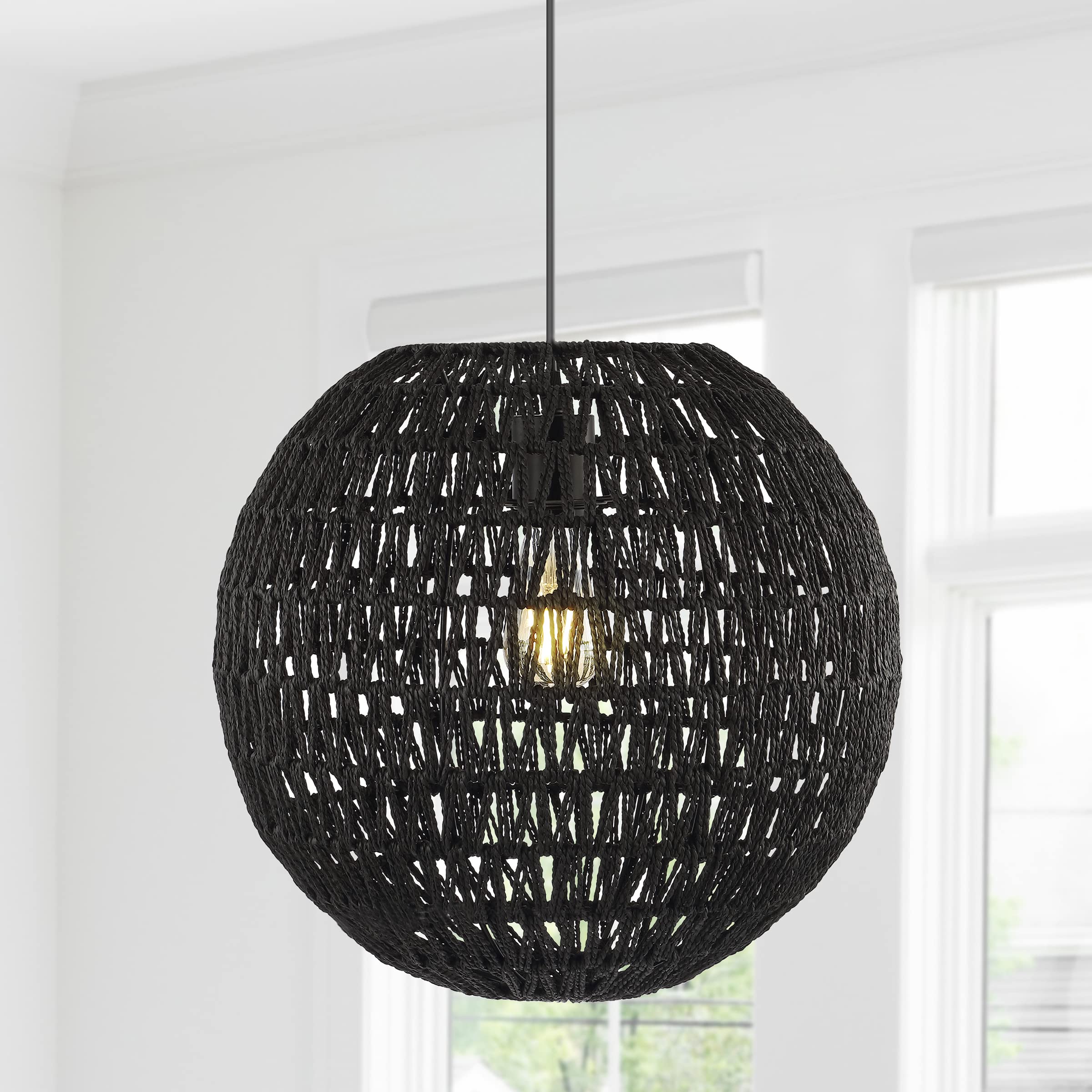 15.7" Woven Rattan Orb LED Pendant Minimalist Modern Contemporary Transitional Bohemian Modern Dimmable Adjustable Dining Room Living Room Kitchen Foyer Bedroom Hallway, White