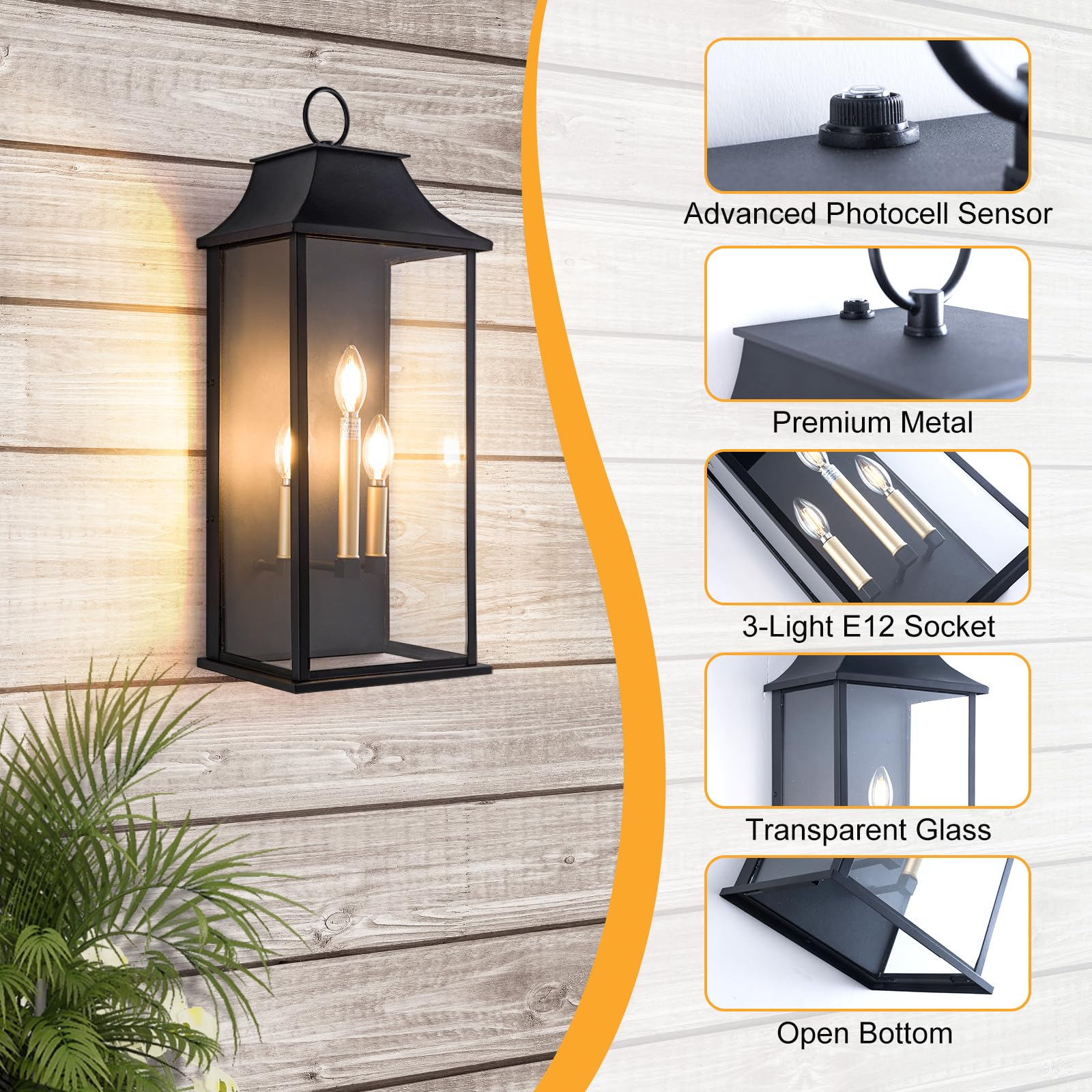 Outdoor Wall Lantern 2-Light, 21" Large Outside Wall Sconce, Modern Black Wall Light Fixture with Glass, Waterproof Exterior Lamp for House, Porch, Garage