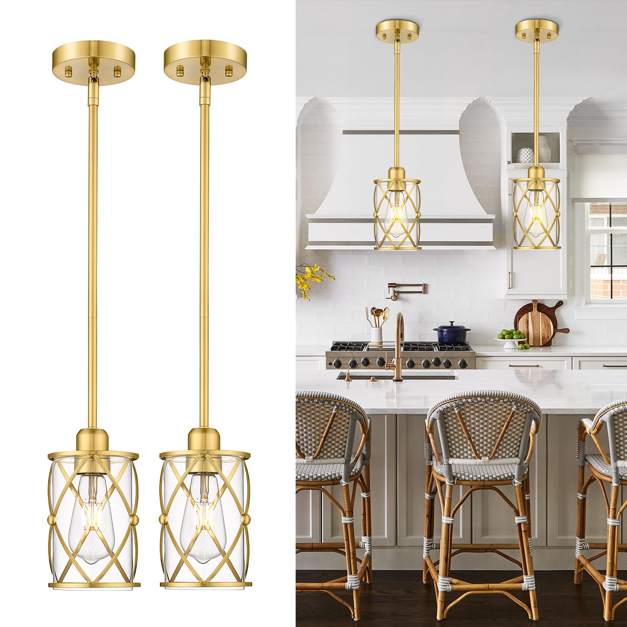 Brushed Gold Pendant Lights Kitchen Island, 2 Pack Brass Glass Pendant Light Fixture Farmhouse Cage Hanging Lighting with Rod for Kitchen Island Sink Bathroom, CH9176BG-2PKG