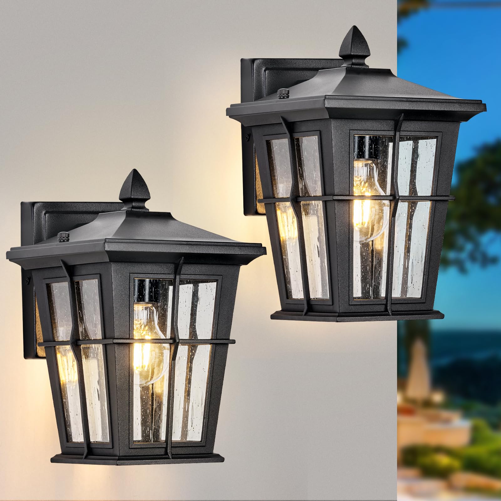 Outdoor Pendant Light, Waterproof Aluminum Black Exterior Hanging Lantern with Seeded Glass, Outside Chandelier Modern Exterior Hanging Light Fixtures for Porch Foyer Entryway, 609-1H-SBK