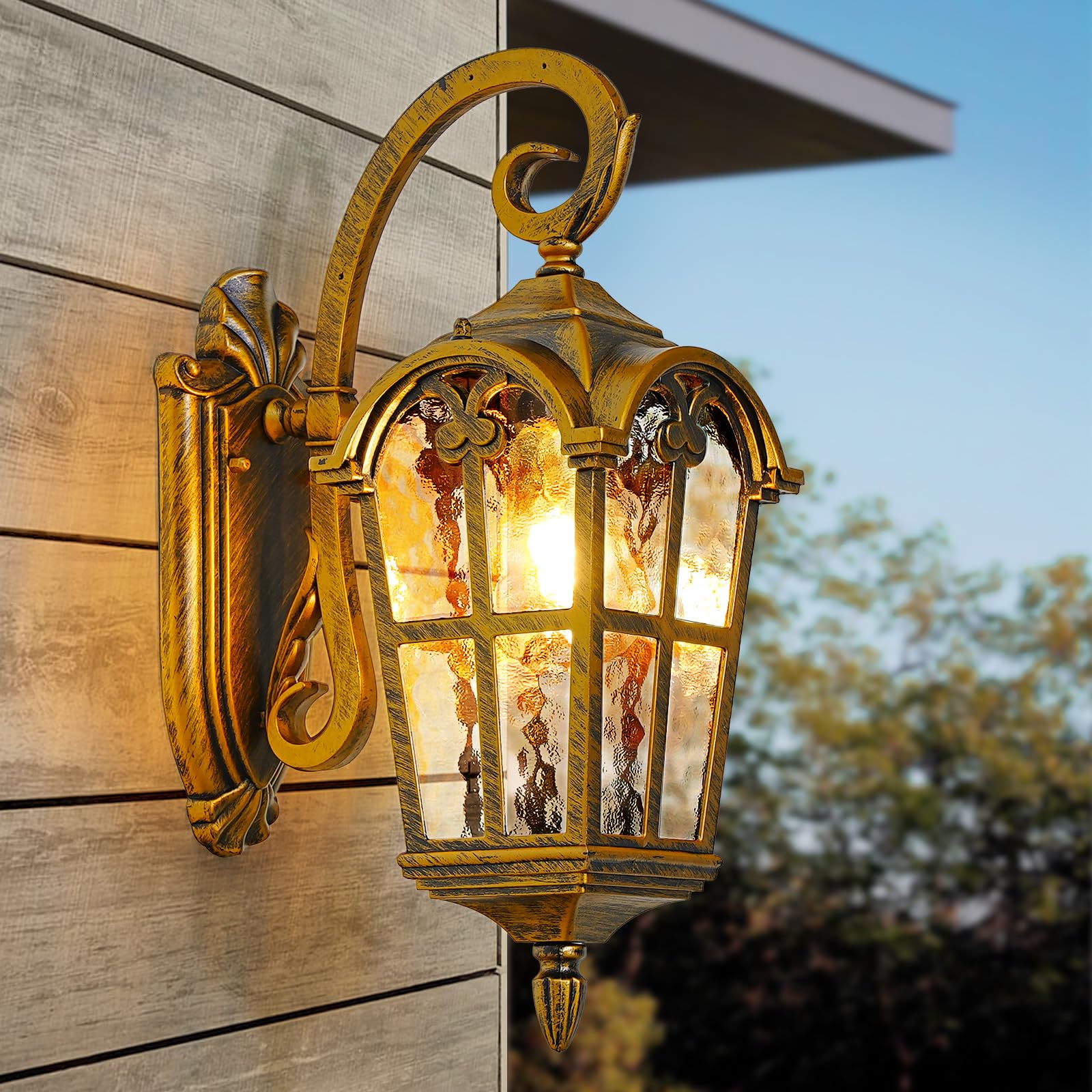 Gold Outdoor Wall Light for House Porch Hallway Doorway Patio Garden, Anti-Rust Aluminum Exterior Wall Sconce Light Fixtures Wall Mount Waterproof Wall Lantern with Water Ripple Glass