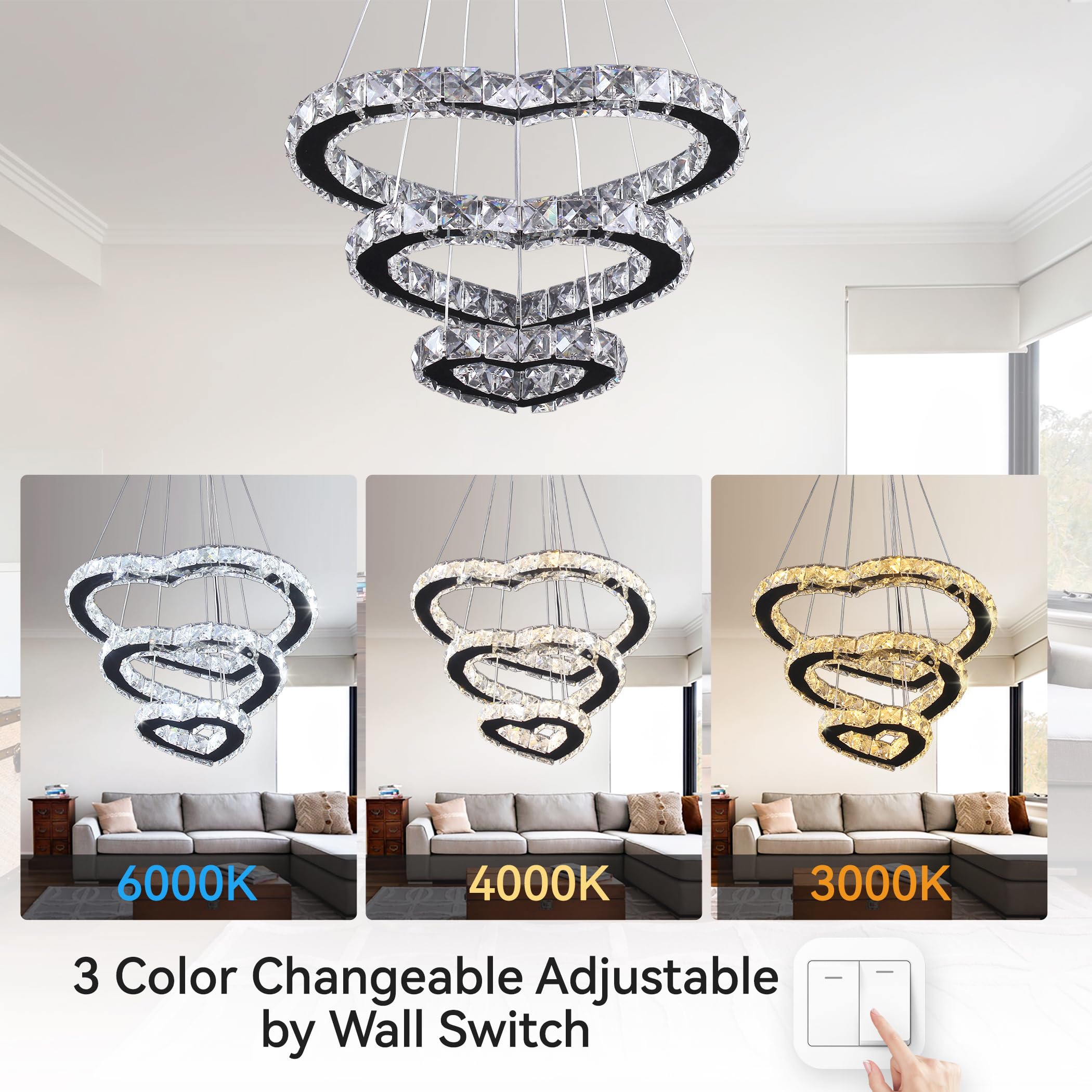 Modern LED Chandeliers Crystal Chandelier 3 Ring Round Pendant Lighting Adjustable Stainless Steel Ceiling Light Fixture for Living Room Dining Room Bedroom