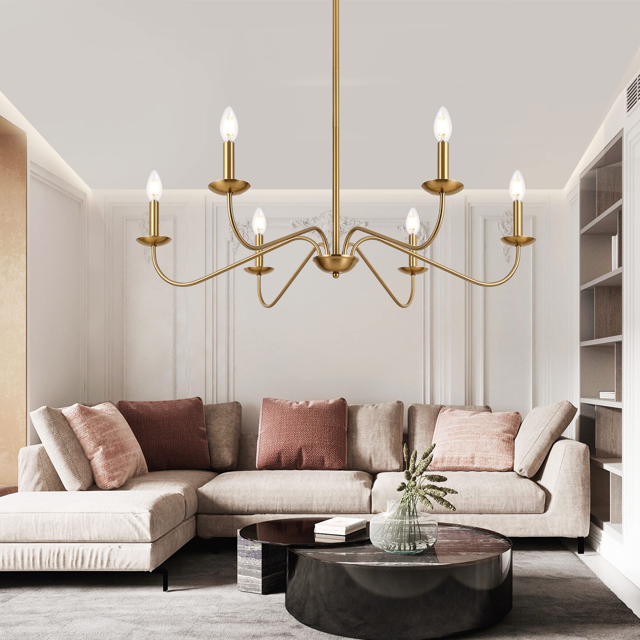 Modern Gold Chandelier for Dining Room,35 Inch Brushed Brass Chandelier Light Fixture, Dining Room Light Fixtures Over Table