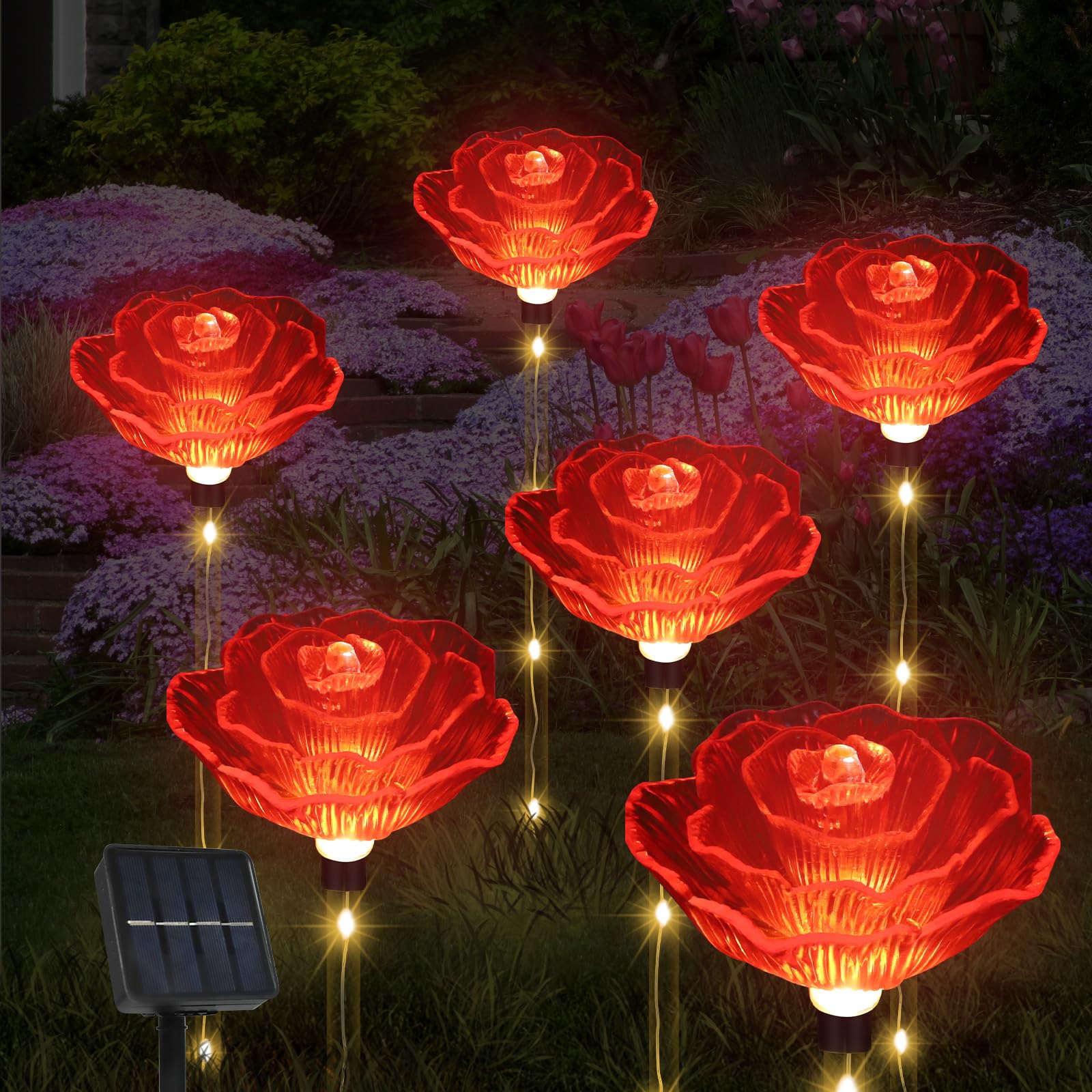 Solar Outdoor Lights,Set of 6 Solar Garden Lights with 6 Red Rose Flower,Waterproof Rose Stake Lights for Garden Yard Pathway Outside Decor