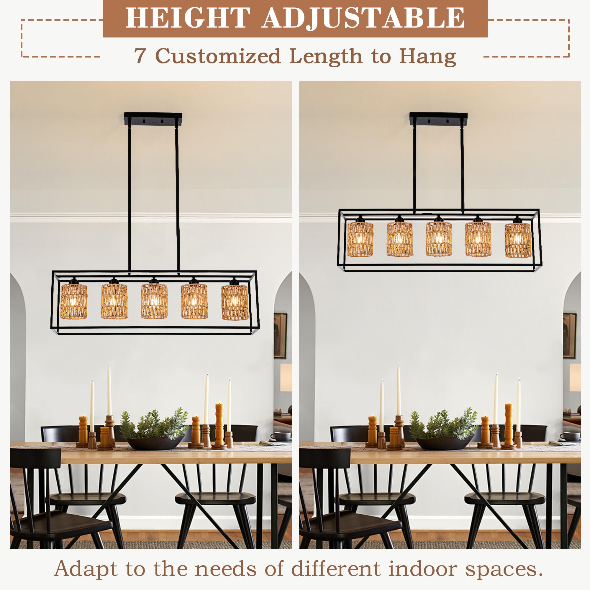 Rattan Kitchen Island Light Fixture, 5 Lights Boho Rectangle Pendant Lights for Dining Room, Farmhouse Chandeliers Over Table, Modern Ceiling Hanging Kitchen Light Fixtures, Height Adjustable