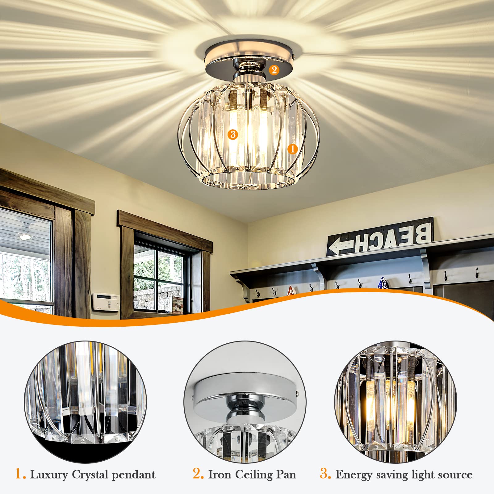 Semi Flush Mount Ceiling Light Fixture Antique Small Crystal Chandelier Indoor Lighting for Bathroom Hallway Cafe Bar Porch Hall（Black）