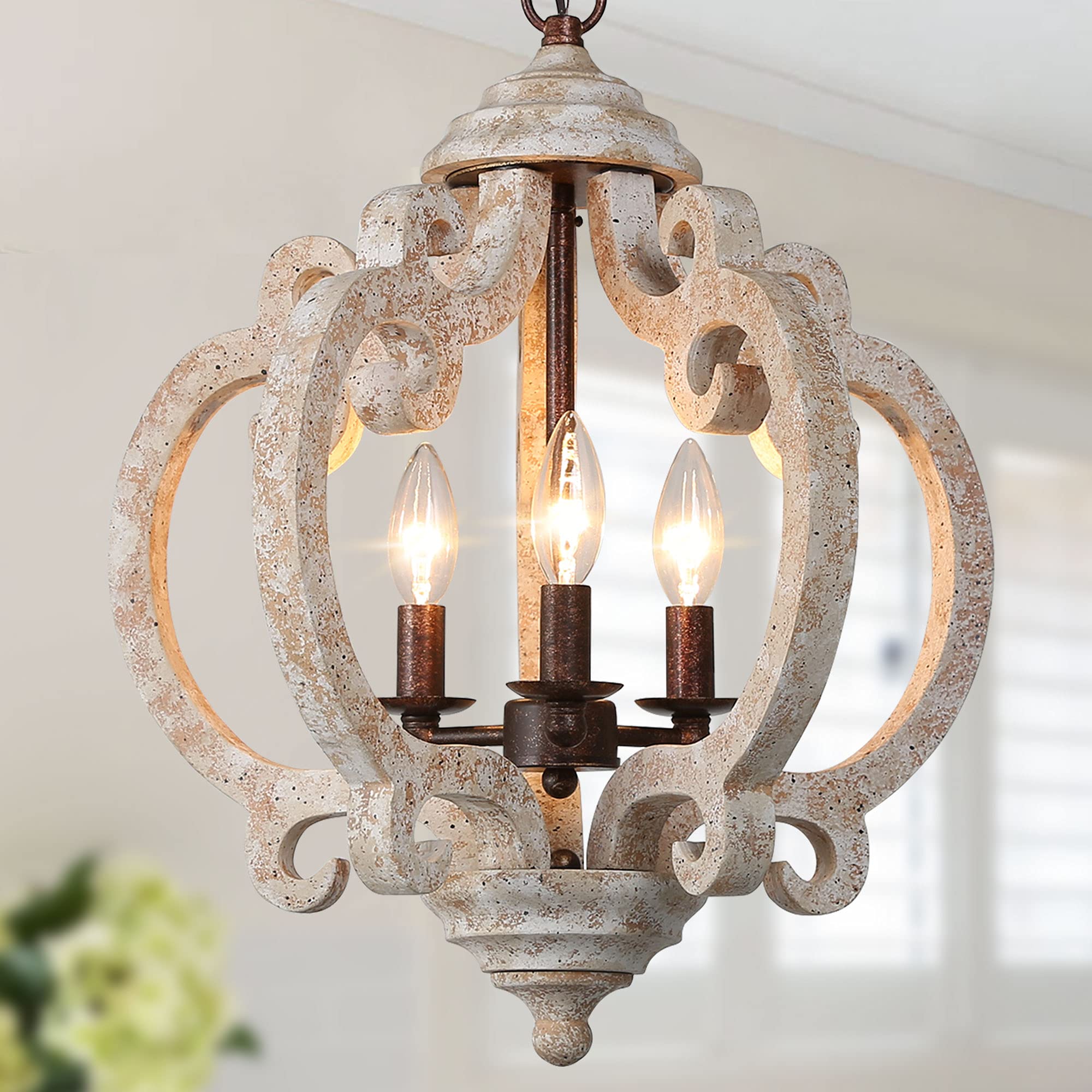 Farmhouse Chandelier for Dining Room, Wood Chandelier Light Fixture for Foyer, 15.5'' Dia