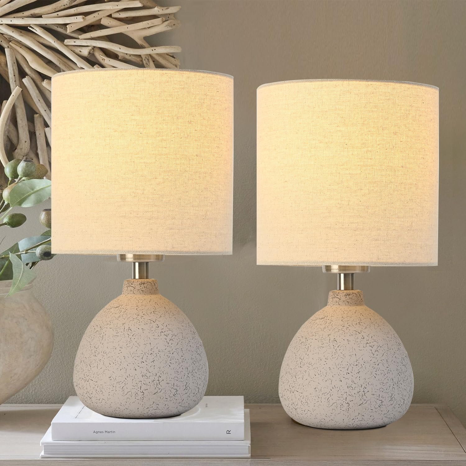 Rustic Farmhouse Ceramic Table Lamp Set of 2, Retro Bedsides Lamps Bedroom with Beige Fabric Lampshade Jar Lamps for Nightstand, 12” Small Table Lamp for Bedroom Living Room Office End Table Art Deco