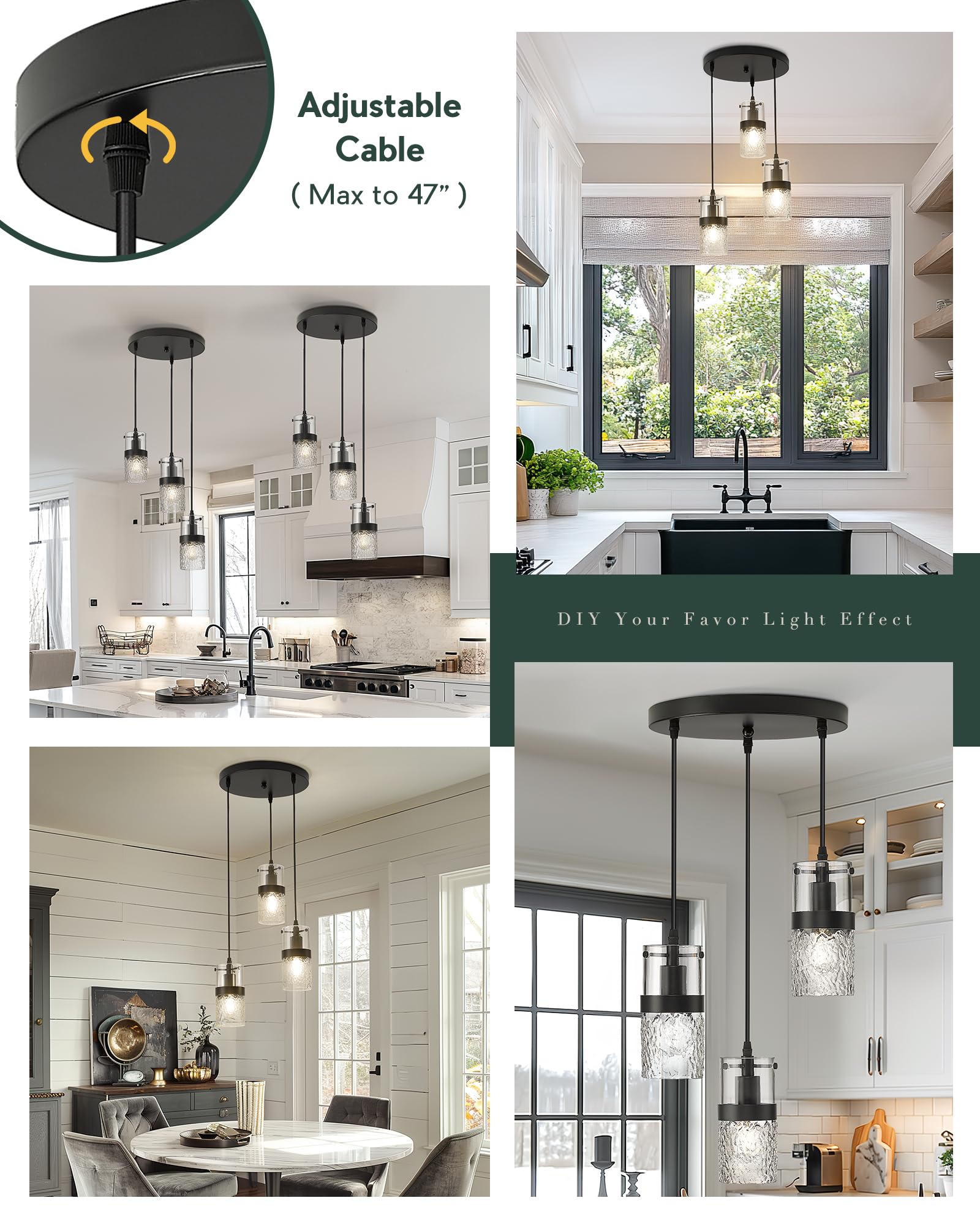 LMS 4-Light Island Lights, Farmhouse Light Fixtures with Hammered Glass Shade, Matte Black Linear Chandelier Pendant Lighting Over Table for Adjustable Height, Kitchen Island, LMS-171BK-4