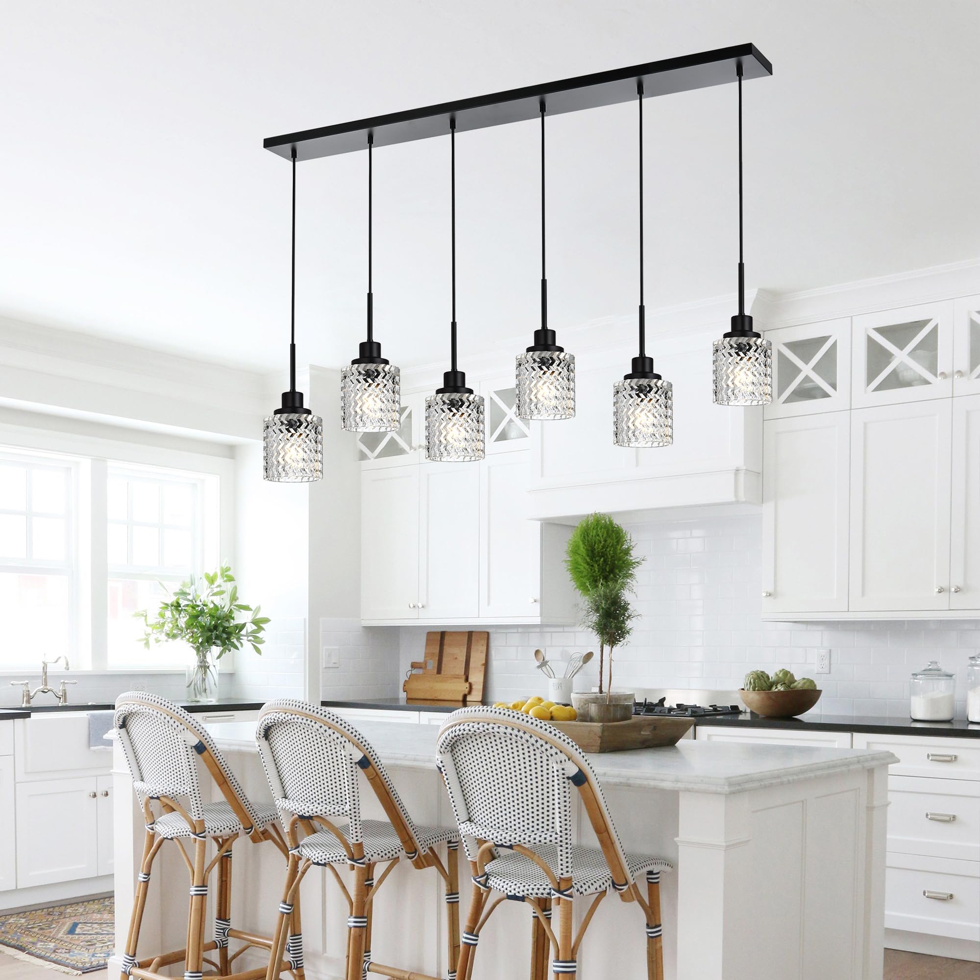 6 Lights Linear Chandeliers for Dining Room, Black Island Lighting Fixture Hanging Pendant Lights with Hammered Glass Shade for Kitchen Island, Dining Hall, Bar