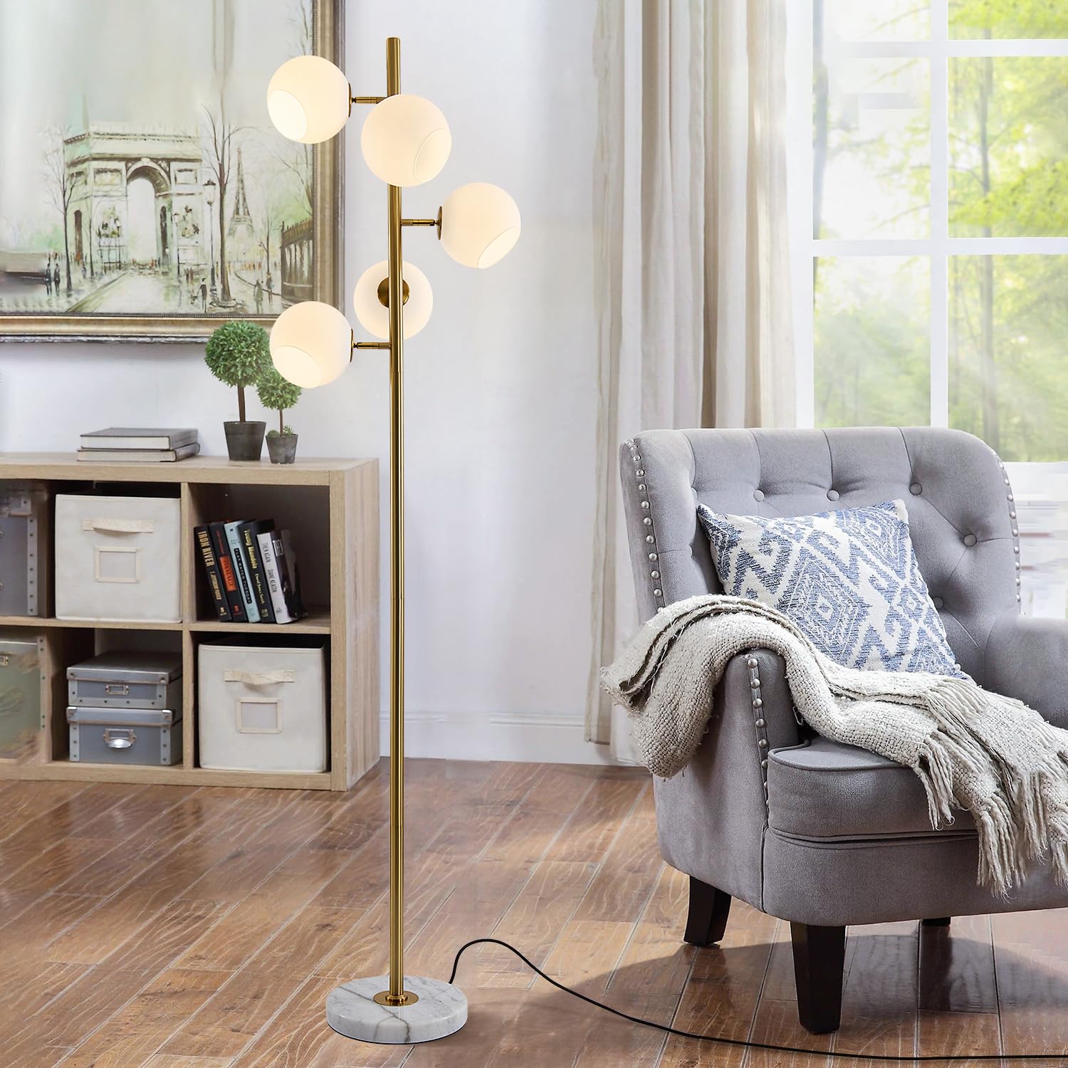 Lighting 5-Light Frosted White Glass Globe Floor Lamp Mid Century Modern Gold Tall Pole Standing Light LED Standing Lamps with Foot Switch for Home Office (Gold)