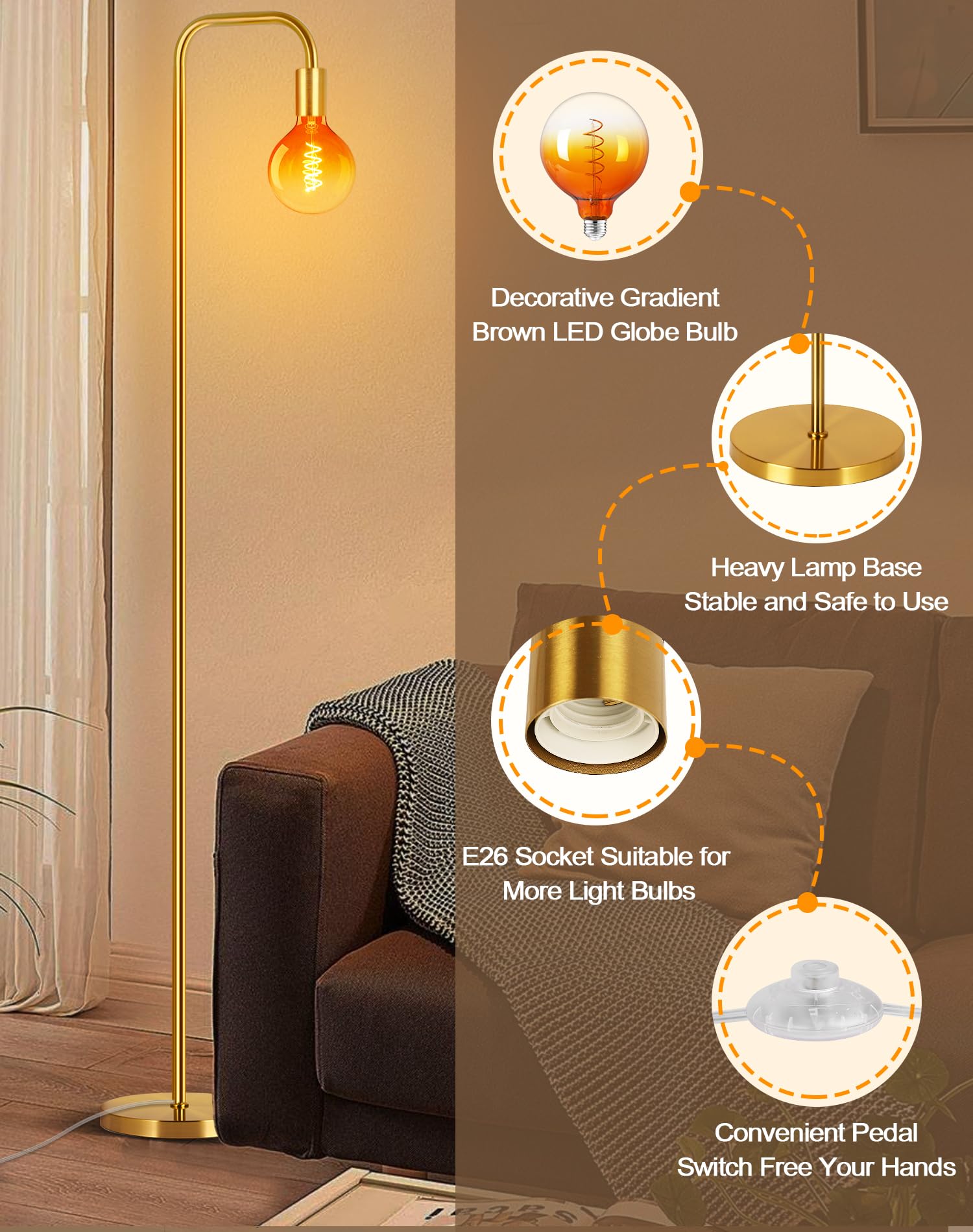 Modern Floor Lamp for Living Room, Gold Standing Lamp for Bedroom with Globe Glass Shade, 68" Mid-Century Tall Pole Tree Lamps Light Home Decor, Antique Brass(LED Bulbs Included)