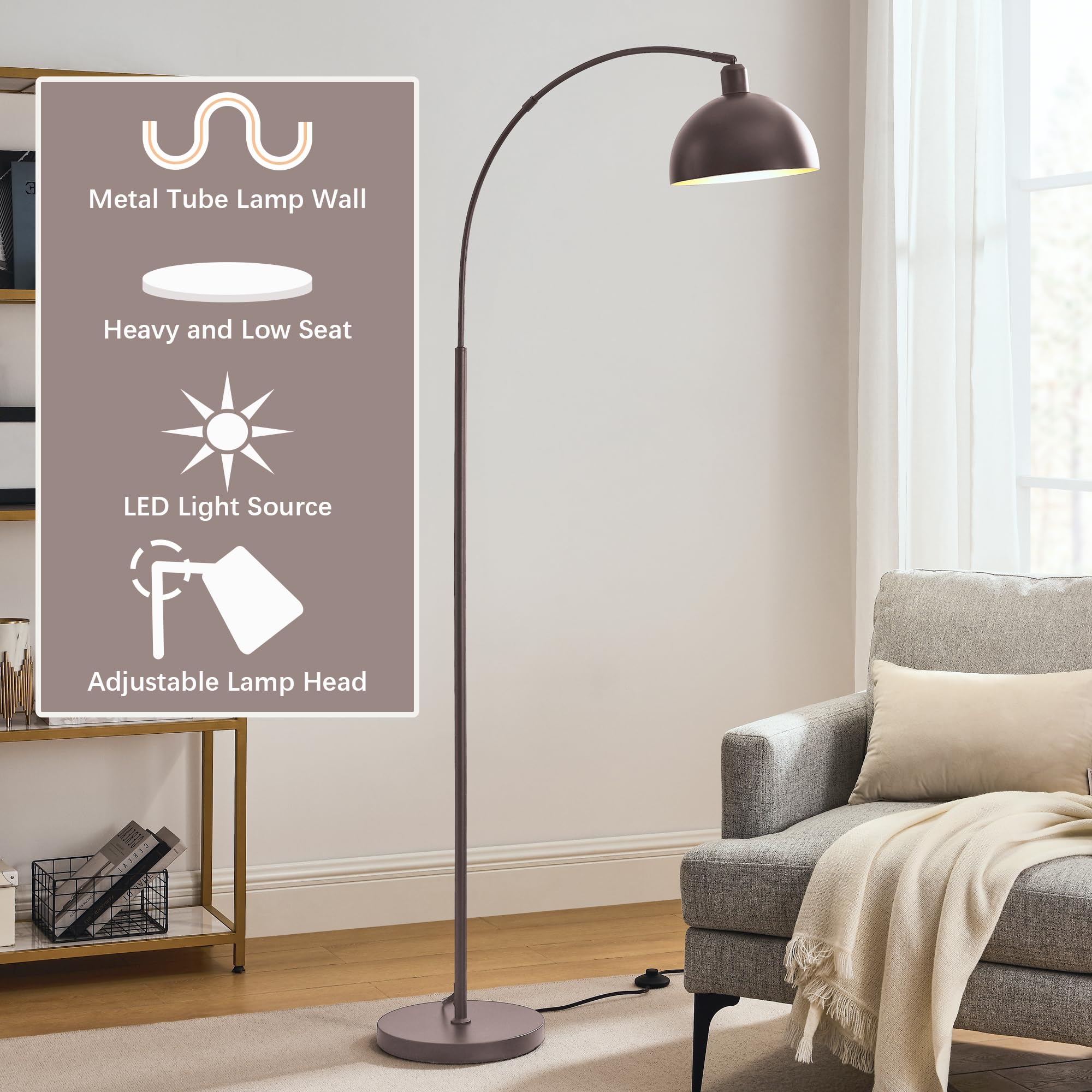 Curved Floor Lamp with Remote Control and Adjustable Hanging Drum Lampshade with Foot Switch, Suitable for Black Desk Lamp, Reading Lamp Next to Sofa, and Living Room (Coffee Gold)