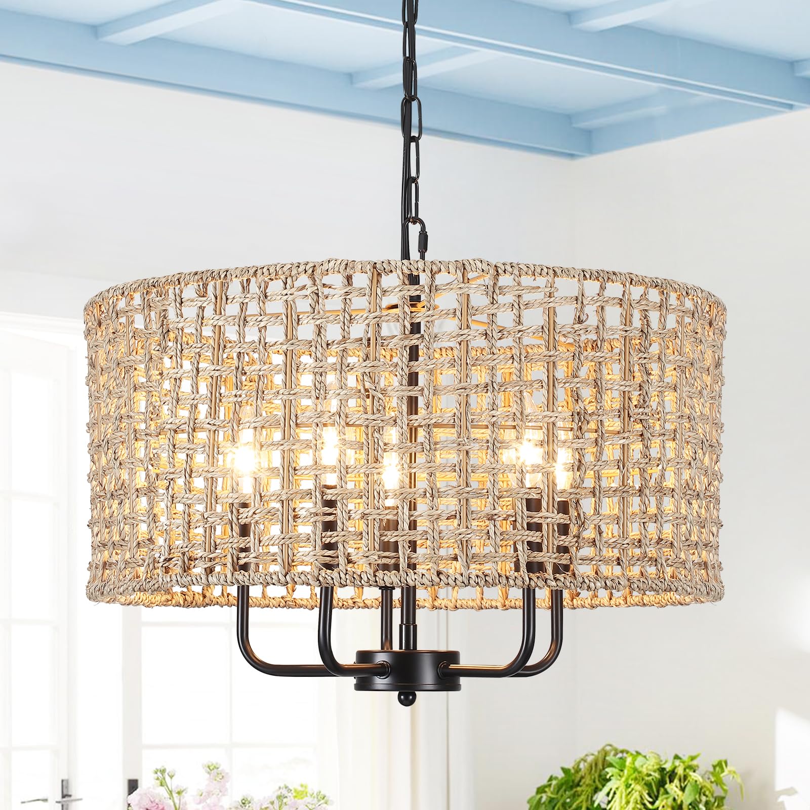 Rattan Farmhouse Chandelier 5 Light Rustic Hand Woven Large Boho Chandeliers for Dining Room Light Fixture Hanging 19" Wicker Drum Pendant Lighting for Kitchen Island Living Room Foyer Hallway Bedroom