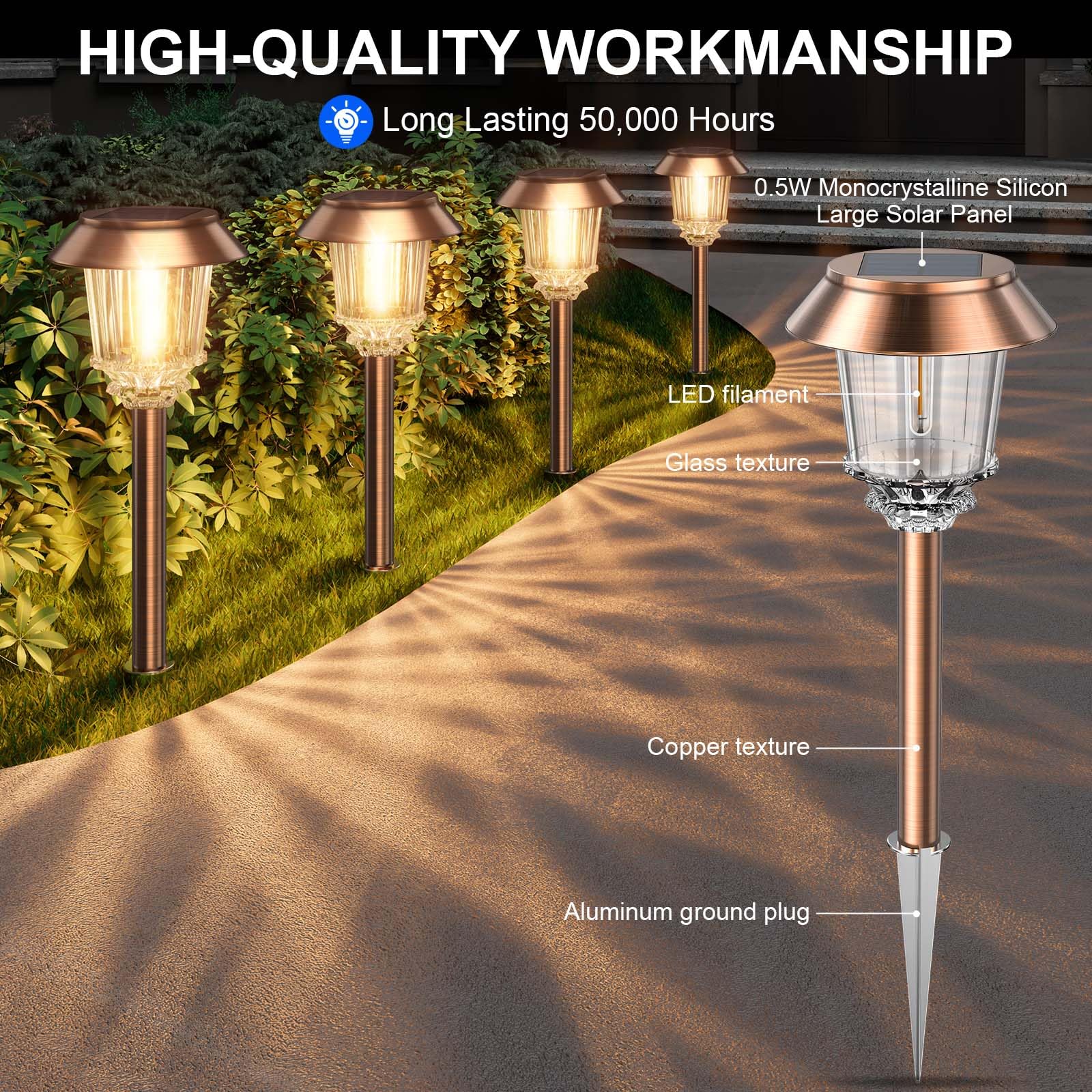 Solar Pathway Lights Outdoor - 6 Pack Solar Lights Outdoor Waterproof, 10-40 LM Dimmable Auto On/Off Solar Outdoor Lights Yard Garden Walkway Driveway (Warm White)