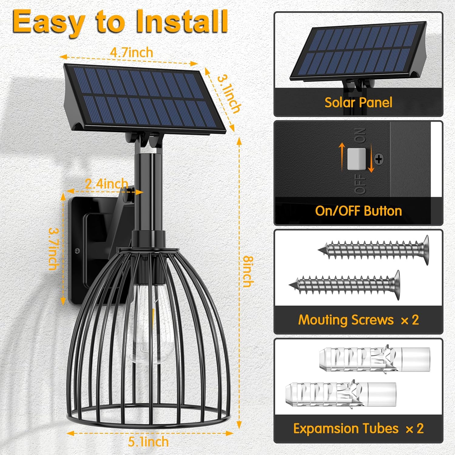 Solar Wall Lanterns Outdoor Dusk to Dawn Mount Wall Sconce, Anti-Rust IP65 Waterproof Exterior Led Lights Fixture,Curved Design Decorative for Garden Yard,Patio Fence Outside,2-Pack