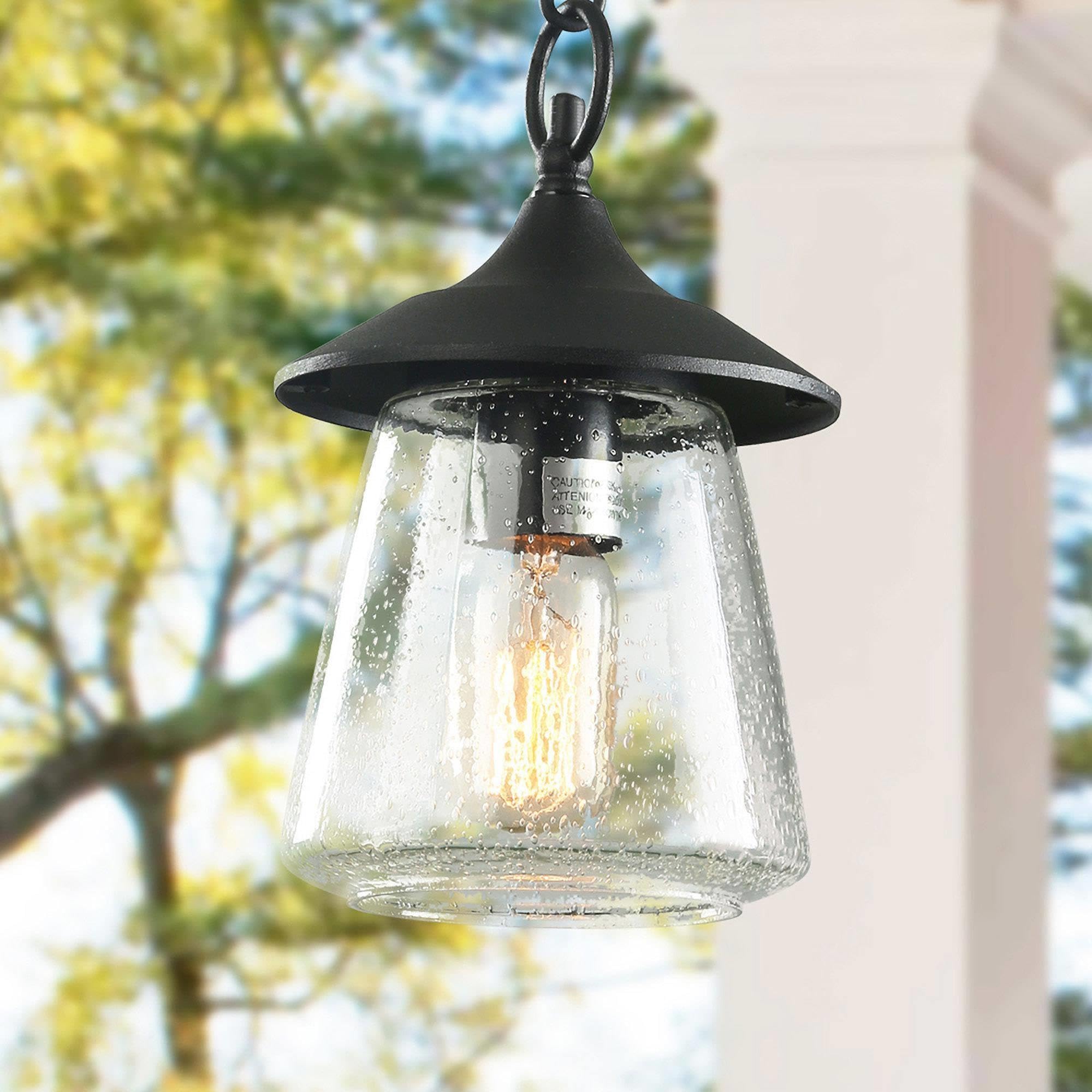 Outdoor Pendant Light, 1-Light Modern Farmhouse Outdoor Pendant Lights for Porch with Adjustable Chain, 6'' Waterproof Exterior Pendant Hanging Lighting Fixture with Mushroom Seeded Glass