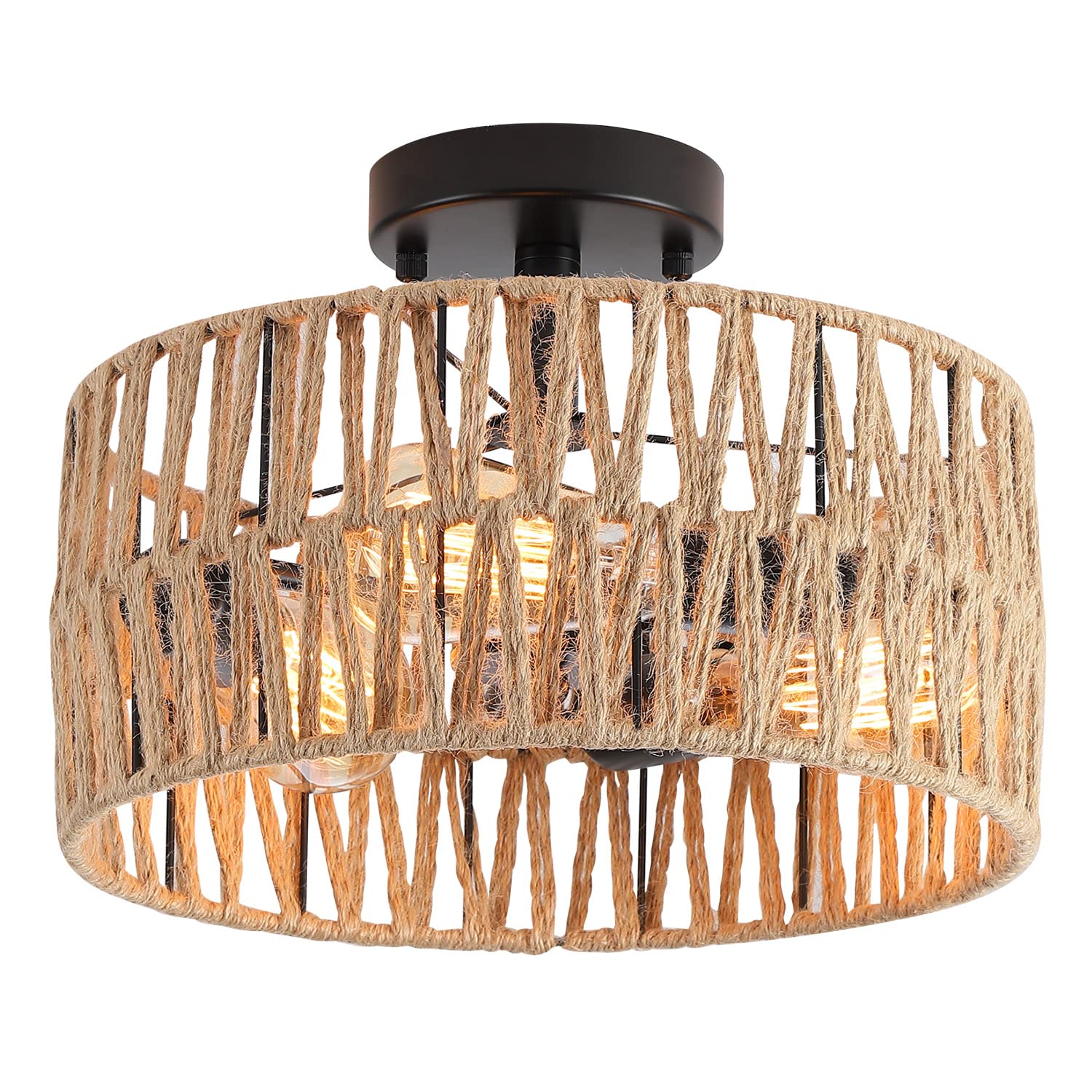 3-Light Antique Gold Woven Flush Mount Light Fixture Rustic Coastal Hemp Rope Brass Semi Flush Mount Ceiling Light for Hallway Bedroom Kitchen Entryway Farmhouse Living Room