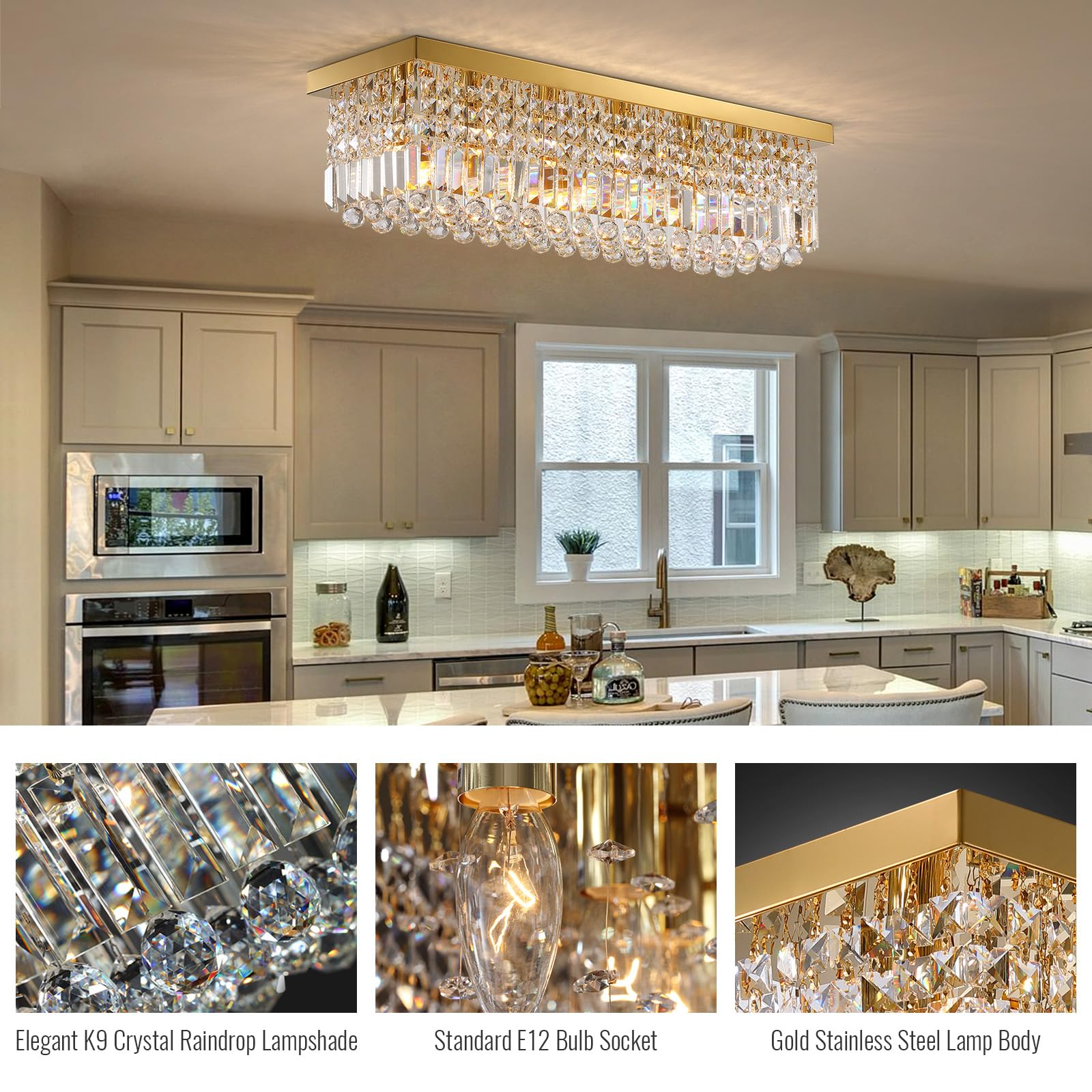 6-Light Modern Crystal Chandelier Rectangular Gold K9 Crystal Raindrop Chandelier for Dining Room, Luxury Adjustable Ceiling Pendant Light for Living Room Kitchen Island L31.5'' x W10'' x H10''