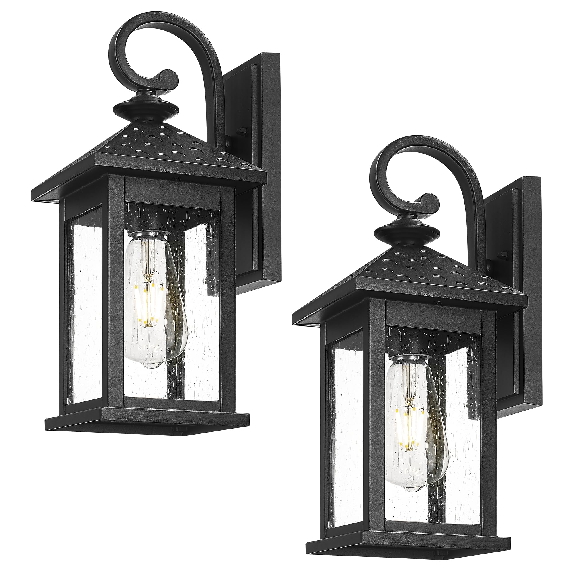 Outdoor Pendant Light for Patio, Exterior Metal Hanging Light with Seeded Glass, Black Finish, DE280HM BK