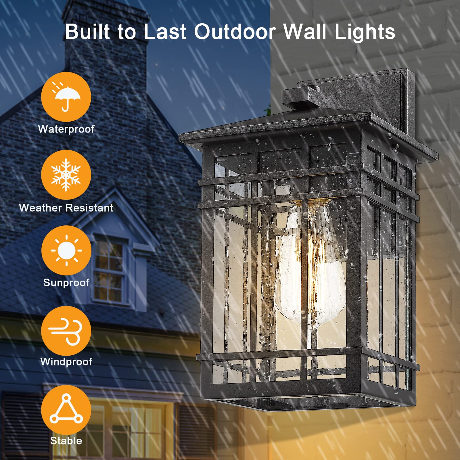 Outdoor Wall Lantern, Exterior Light Fixture Wall Mount, 1-Light Waterproof Outdoor Wall Lighting Fixture with Seeded Glass for Porch, Garage, Patio, Hallway, Entryway, Black