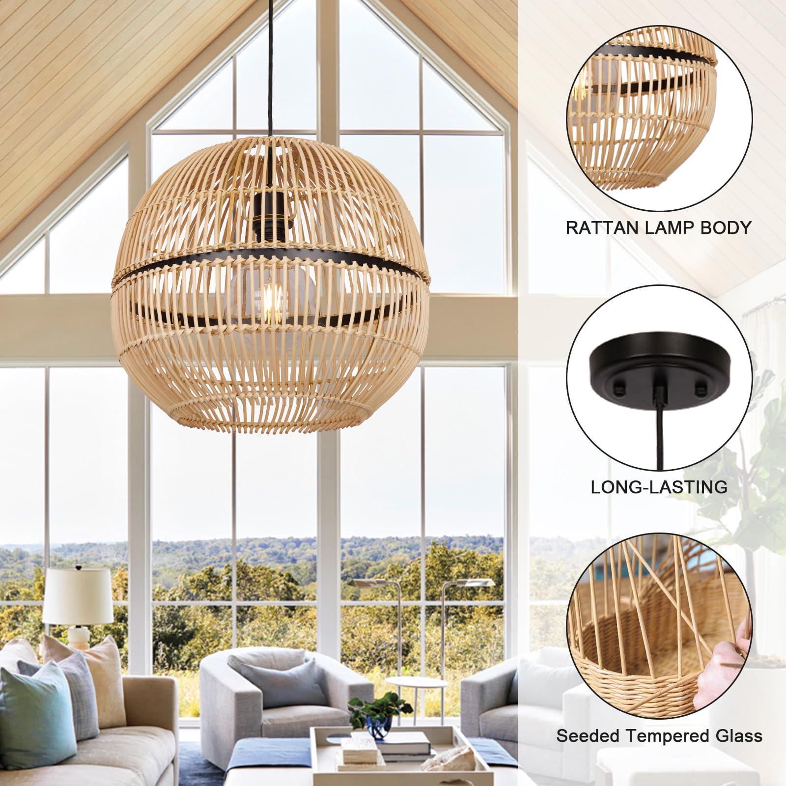 Rustic Farmhouse Bamboo Pendant Light - 18 Inch Large Dome Handwoven Ceiling Mounted Bamboo Chandelier Shades, Coastal Beach Hanging Rattan Light Fixture for Kitchen, Dining, Living Room