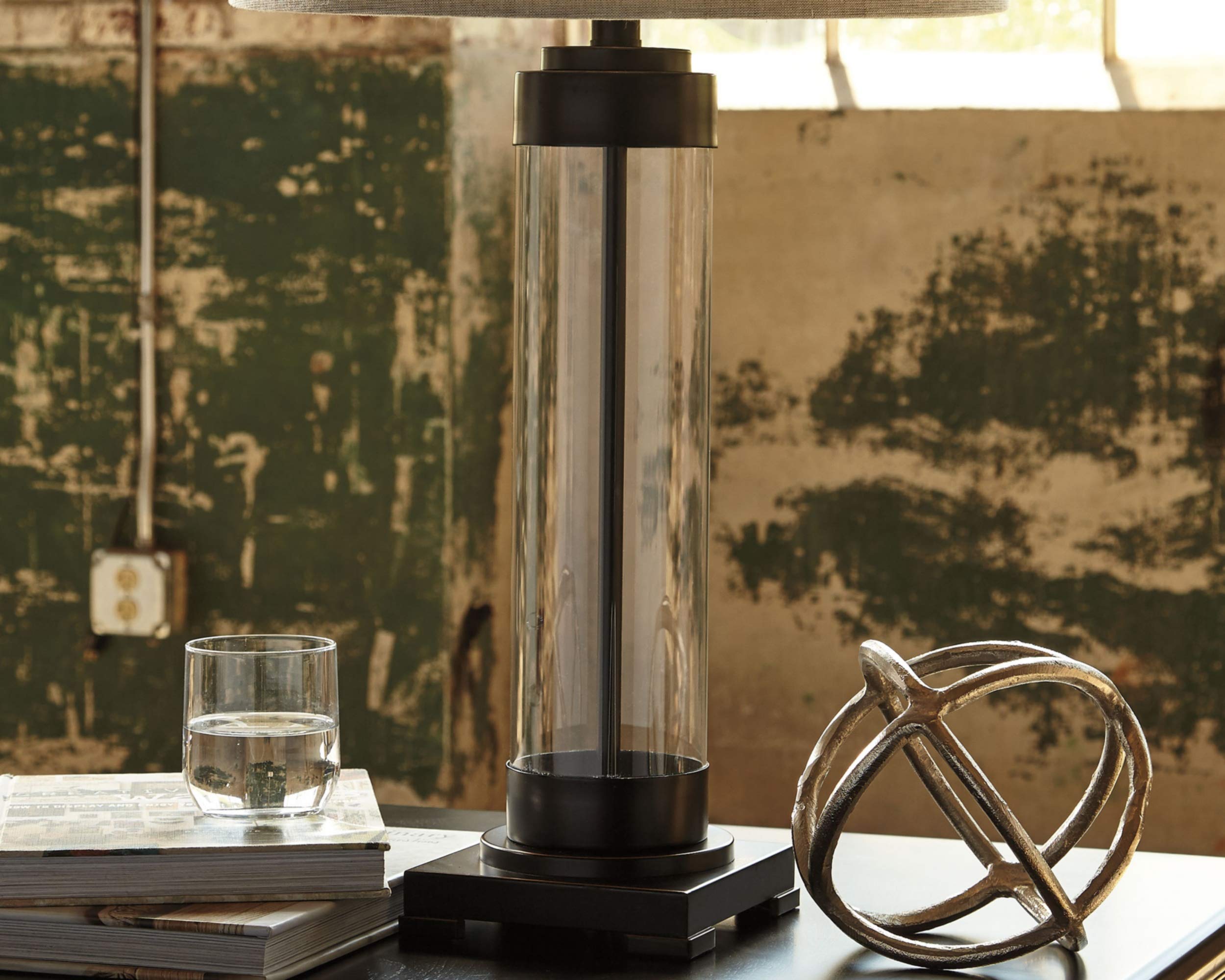 Industrial 30" Glass Table Lamp with Drum Shade, Bronze Finish