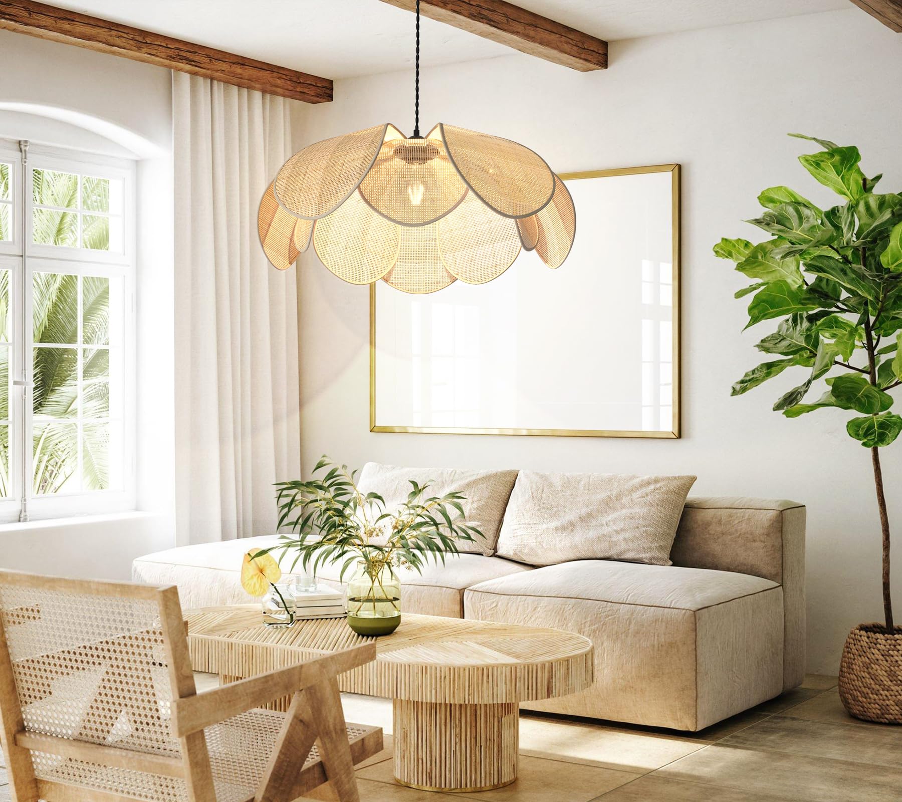 Plug in Pendant Light Rattan Hanging Lamp with Dimmable Switch,15ft Hemp Rope Cord Handwoven Boho Rattan Lampshade Hanging Light Fixture with Plug in Light Fixture forKitchen Island DiningRoom