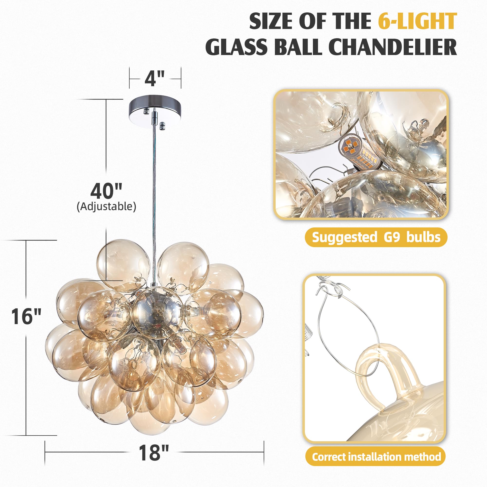 Semi Flush Mount Ceiling Bubble Ball Chandelier Lighting Dia 20 Inch Gold Clear Ribbed Blown Glass Chandeliers Ceiling Medallions Light Fixtures for Bedroom, Living Room, Entry, Bathroom