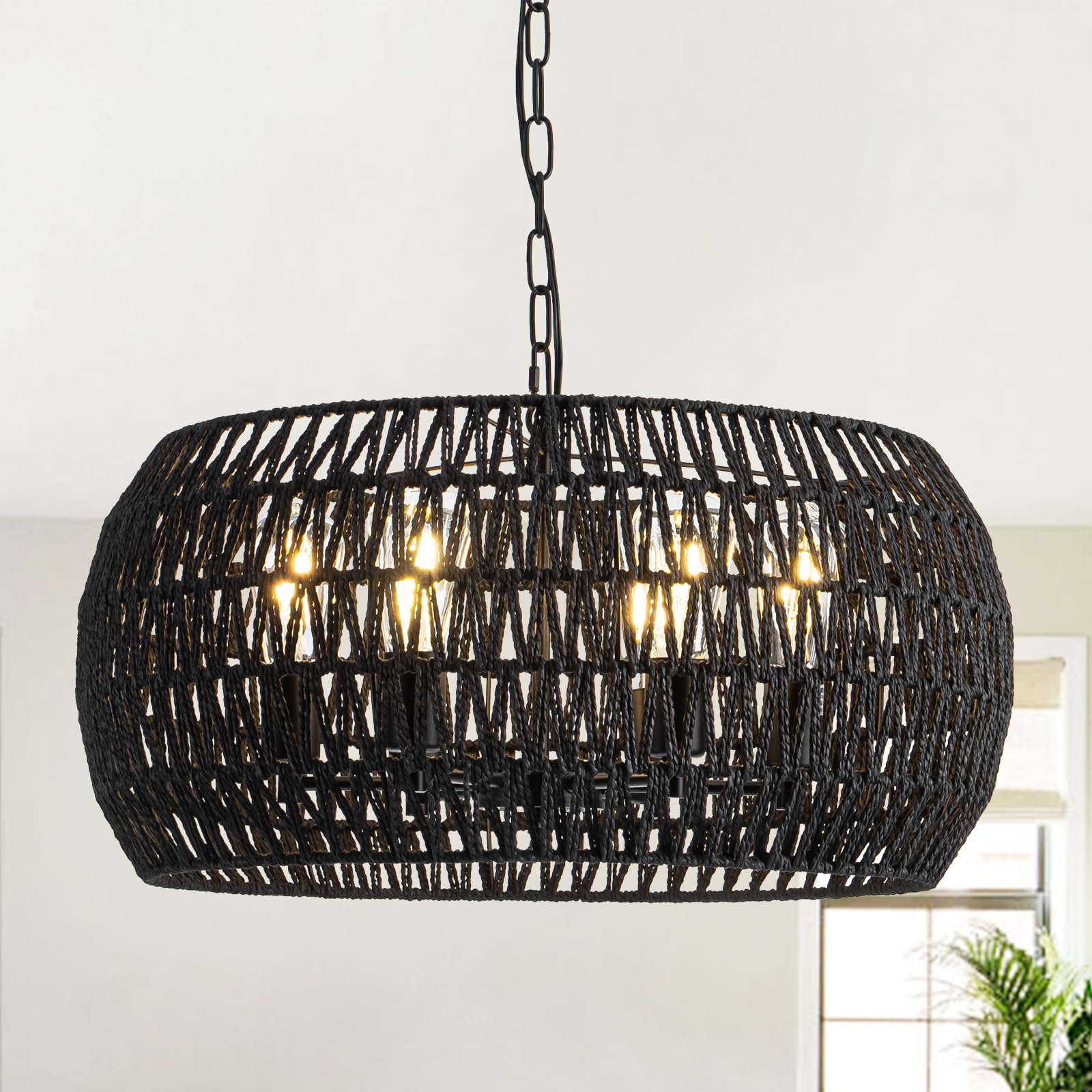 4-Light Rattan Semi Flush Mount Ceiling Light, 15" Boho Light Fixture with Hand-Woven Rattan Shade in Quatrefoil Shape, Farmhouse Boho Chandelier Wicker Light Fixture for Kitchen Bedroom Foyer