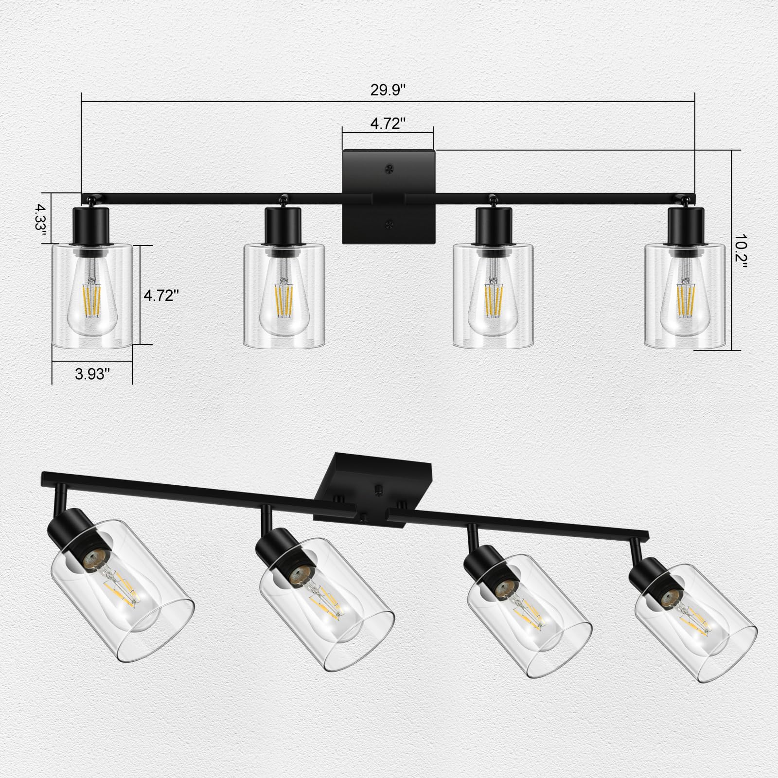 LED 4 Light Track Lighting Kit, 4 Way Ceiling Spot Lighting with Glass Lampshade, Flexibly Rotatable Light Head for Kitchen, Living Room, Bedroom, Bulb Not Included