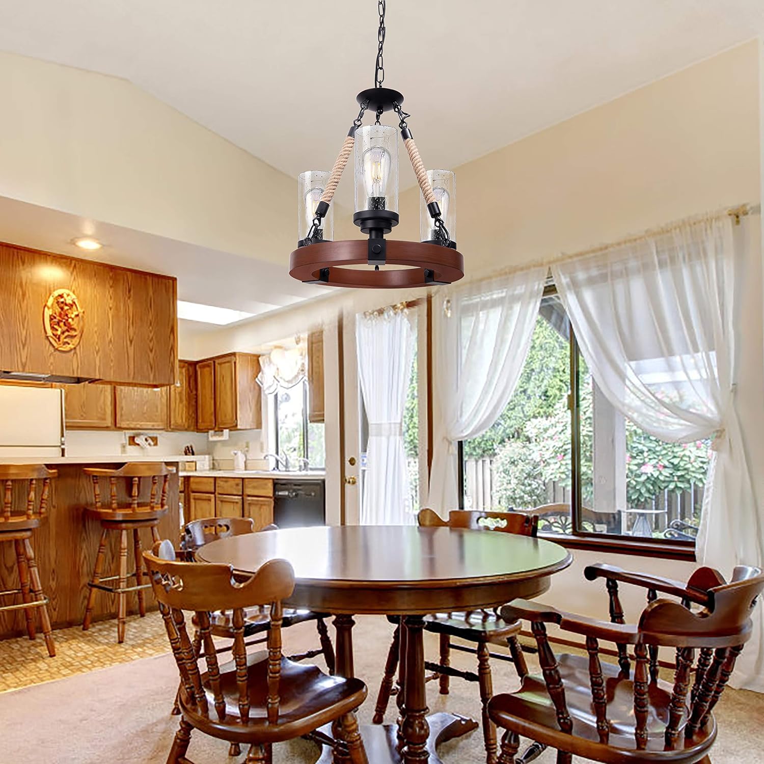 Farmhouse Chandelier, Wood Wagon Wheel Chandelier with Seeded Glass Shade, Hanging Rustic Round 3 Lights Ceiling Pendant Lighting Fixture for Dining Room, Living Room,Foyer, Kitchen Island