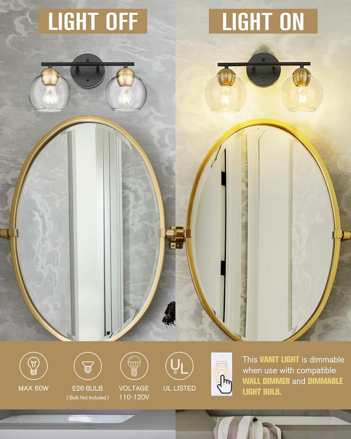 Black Vanity Lights for Mirror, Modern Farmhouse 2-Light Bathroom Light Fixtures Globe Bathroom Vanity Light with Milk Glass Shade, VL114-BK-ML-2