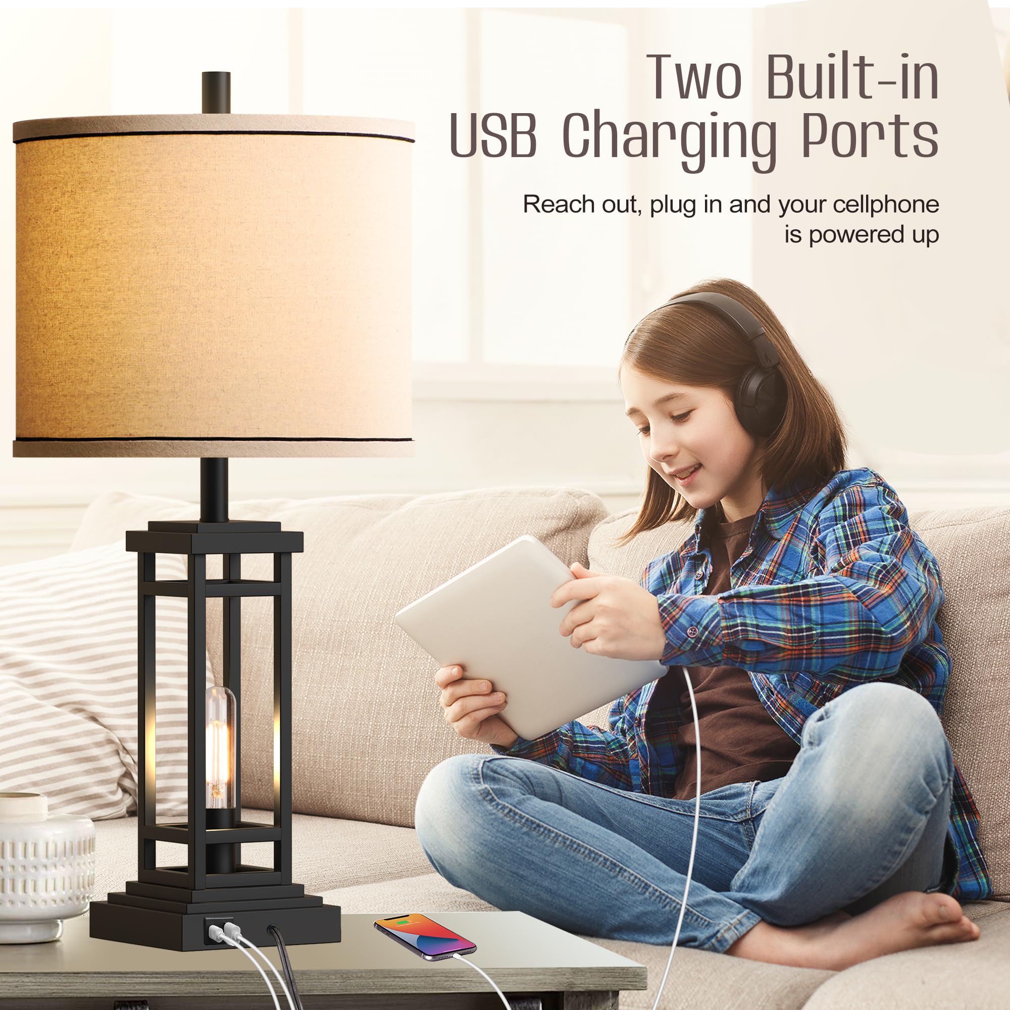 ROTTOGOON 27.5 Tall Farmhouse Table Lamps with USB C + USB A Charge Ports, Rustic Living Room Lamps Set of 2, Black Industrial End Table Lamp for Bedroom Living Room Nightstand (Bronze)