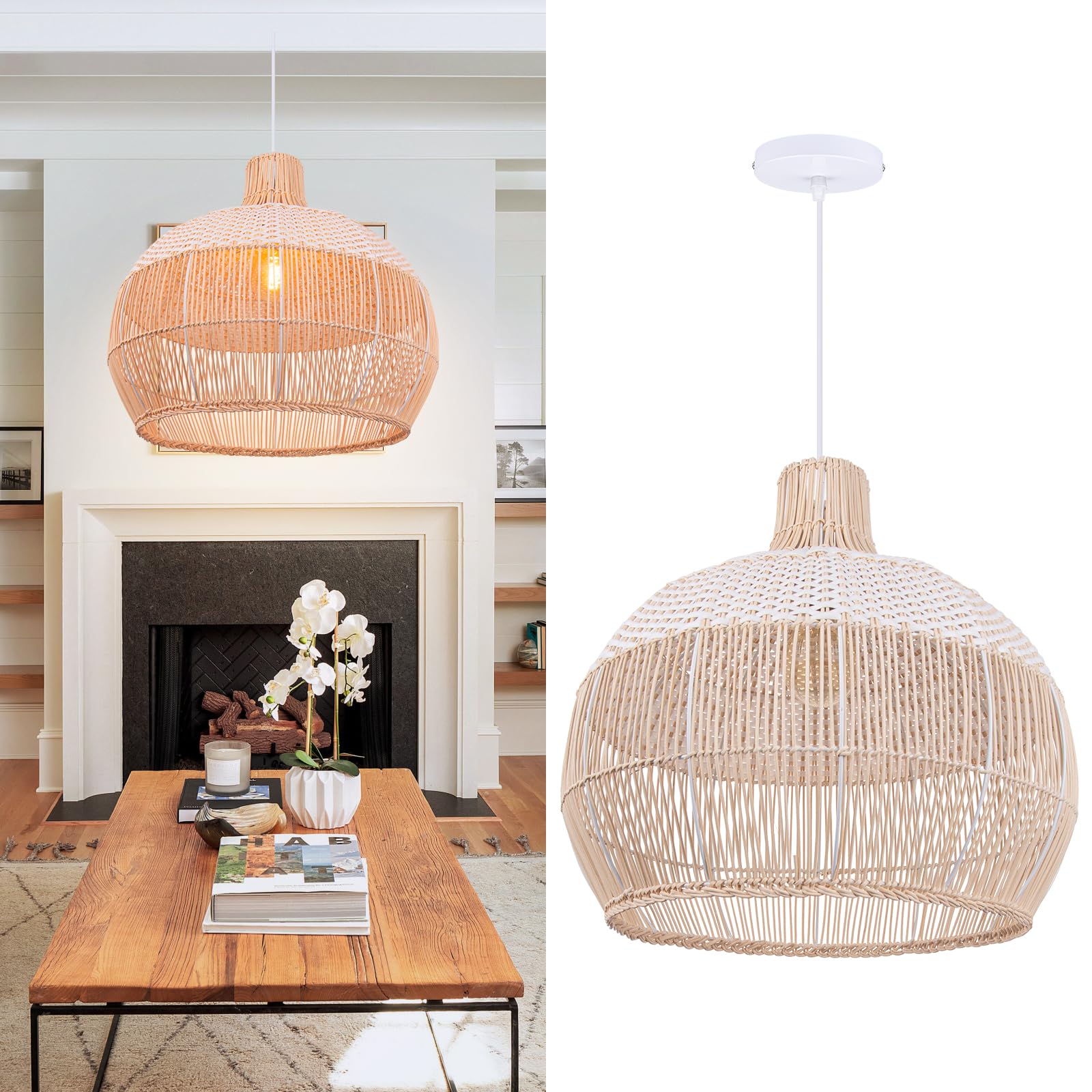 White Rattan Pendant Lights, Farmhouse Coastal Wicker Hanging Ceiling Lighting Chandelier, Handmade Woven Lampshade for Kitchen Island