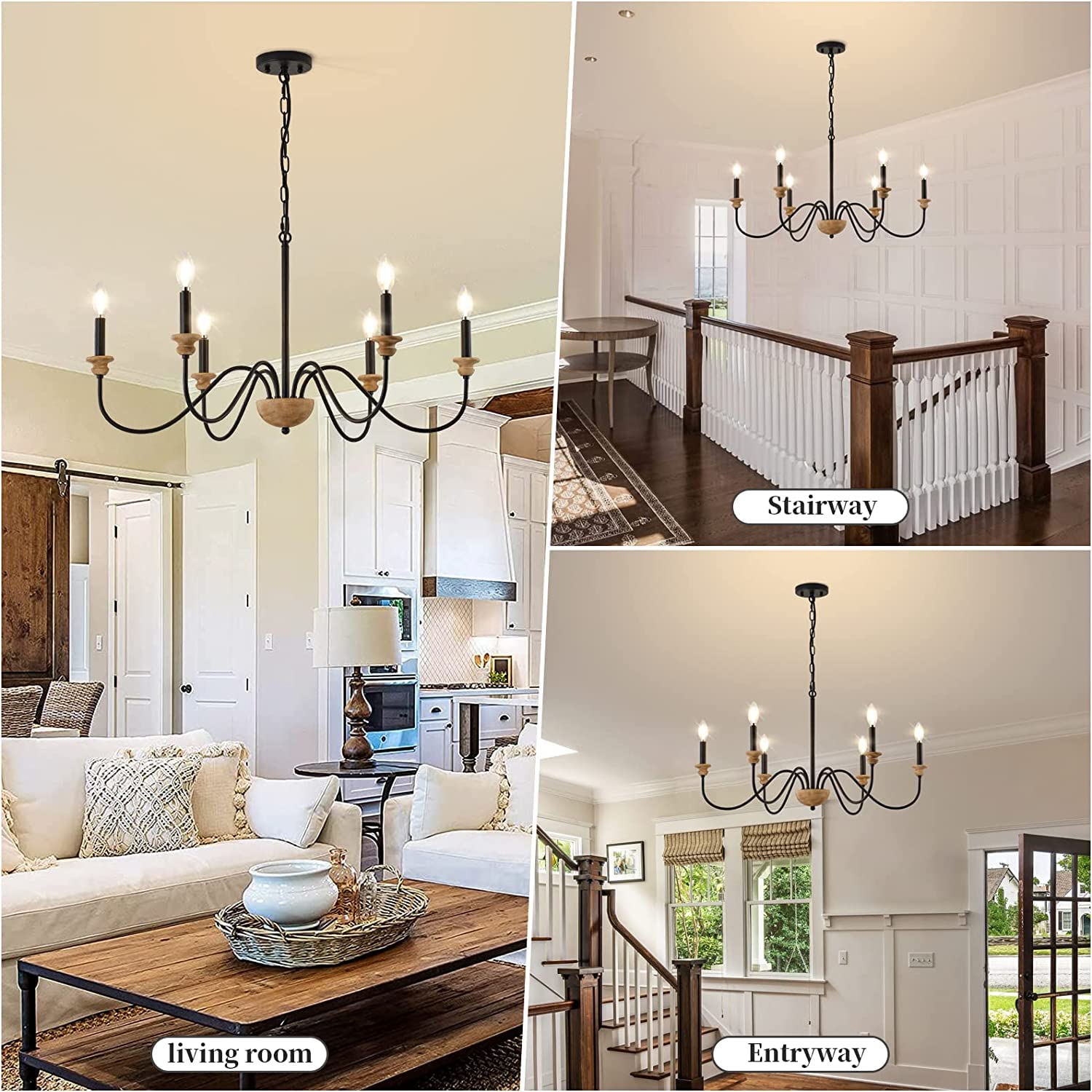 6-Light Wood Chandelier for Dining Room, Black Farmhouse Chandelier, Modern Light Fixtures Over Table, Rustic Candle Ceiling Chandelier for Living Room Bedroom Entryway Kitchen, 32.5" Diameter