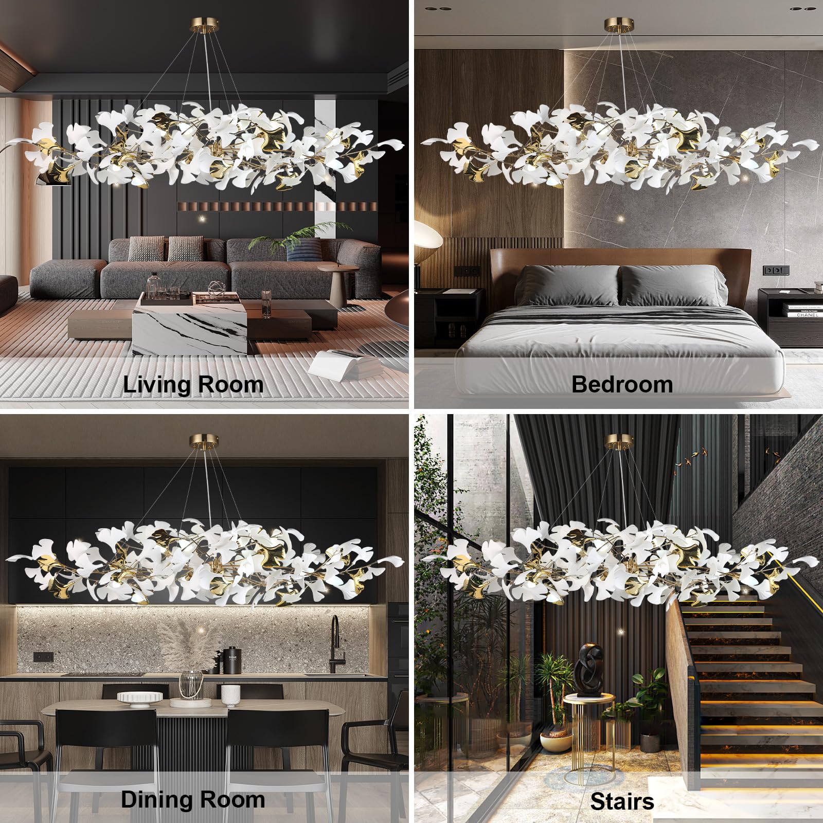 59 Inch White Rectangle Chandelier Ceramic Ginkgo Leaf Chandeliers Brass Large Chandeliers Modern Art Deco Chandelier for Dining Room Living Room,10-Light