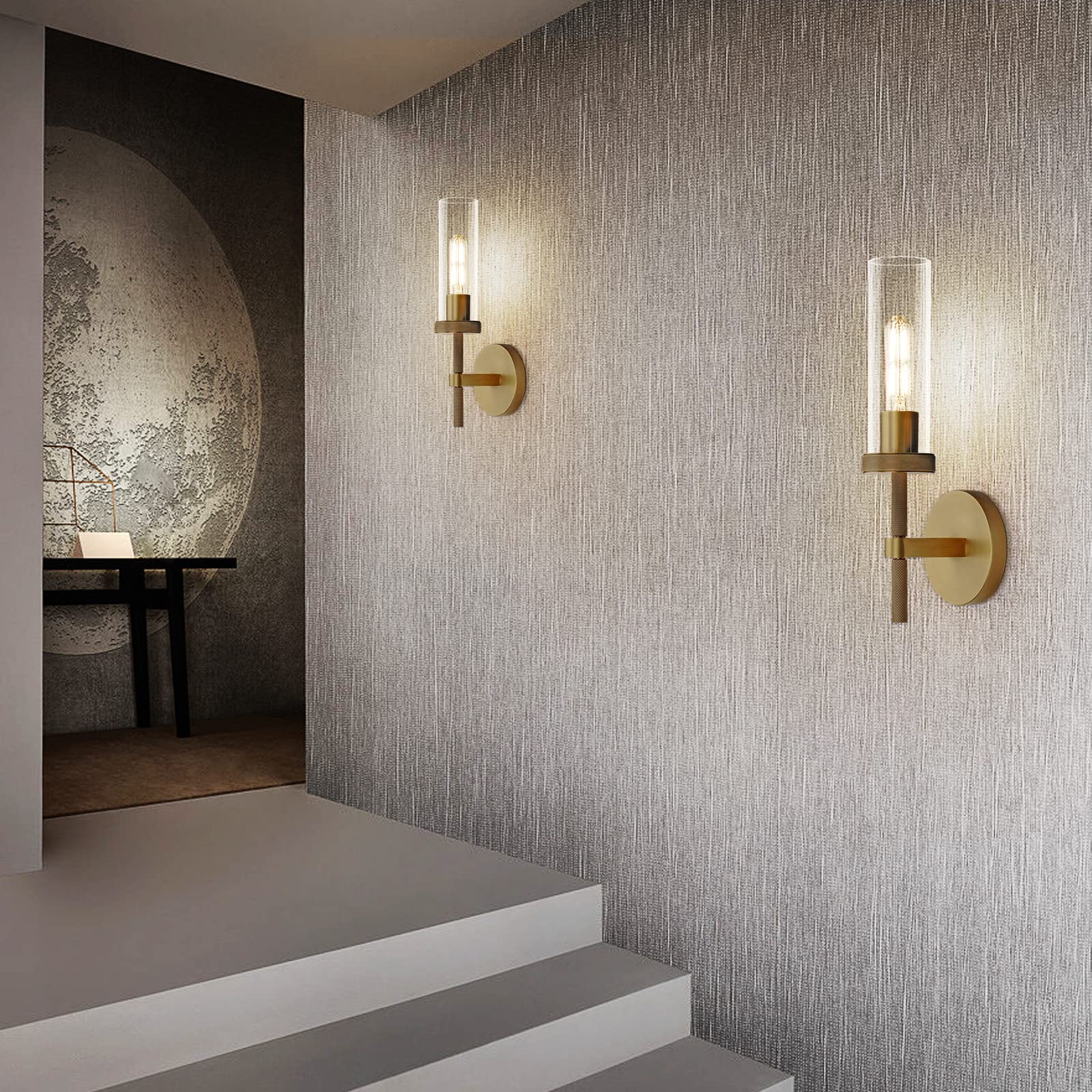 Brass Wall Sconces Set of Two, 19" Knurled Gold Sconces Wall Lighting, Tube Glass Bathroom Sconces Wall Lights for Bedroom Living Room Vanity Sconce Wall Lamp for Hallway, Staircase