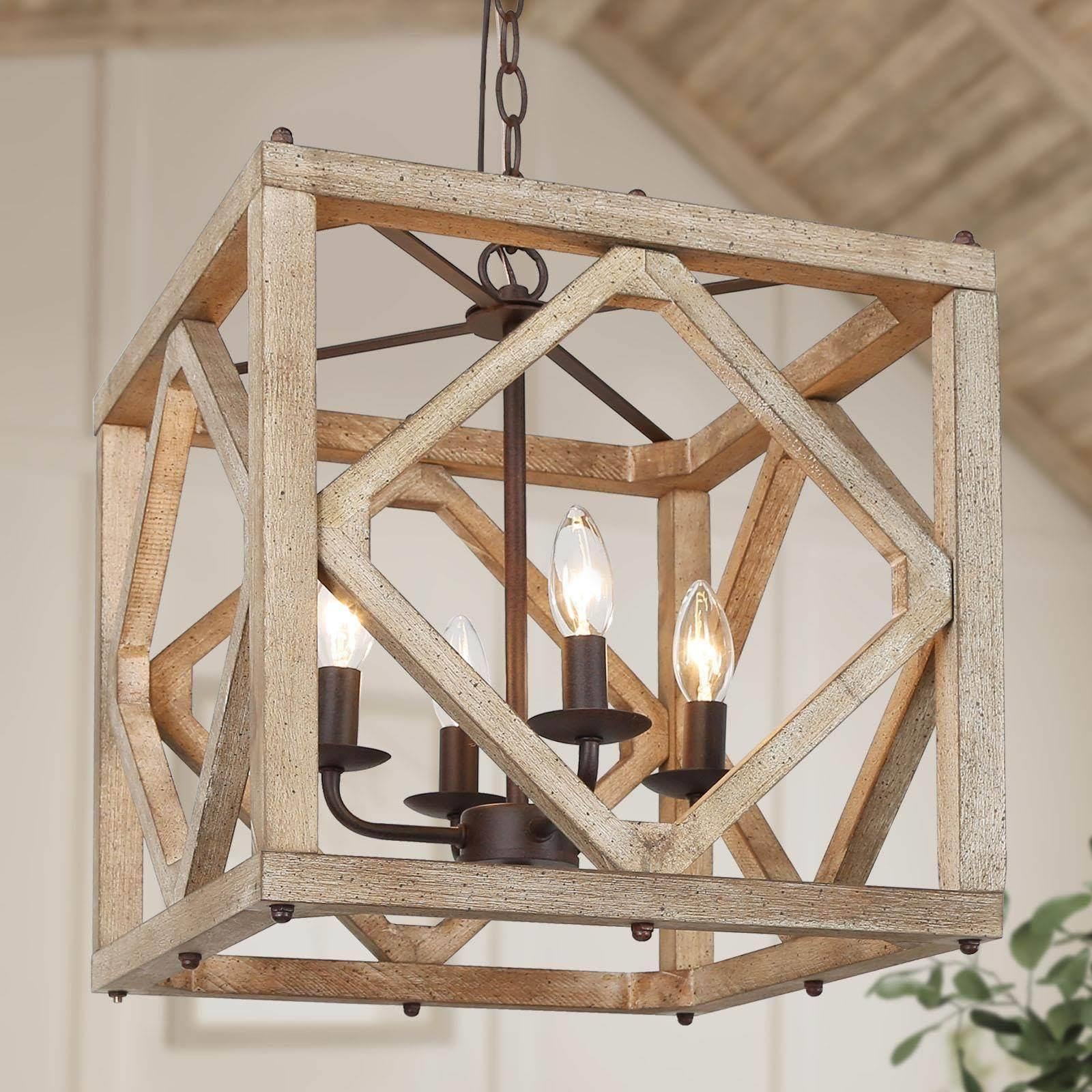 Farmhouse Chandelier, 4-Light Rustic Wood Cage Dining Room Chandelier Over Table, Wooden Square Chandeliers Hanging Light Fixture for Bedrooms, Kitchen Island, Entryway, Foyer