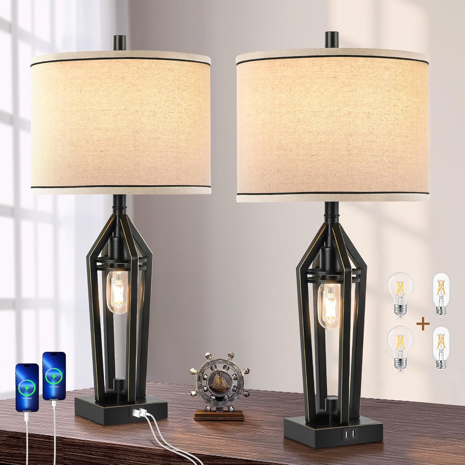 Table Lamps Set of 2 with Night Light, Unique Stepless Dimming, 28 Inch Touch Control Bedside Lamp with 2 USB Ports, 4 LED Bulbs, Tall Industrial Rustic Bedroom Lamps for Living Room,Bedroom