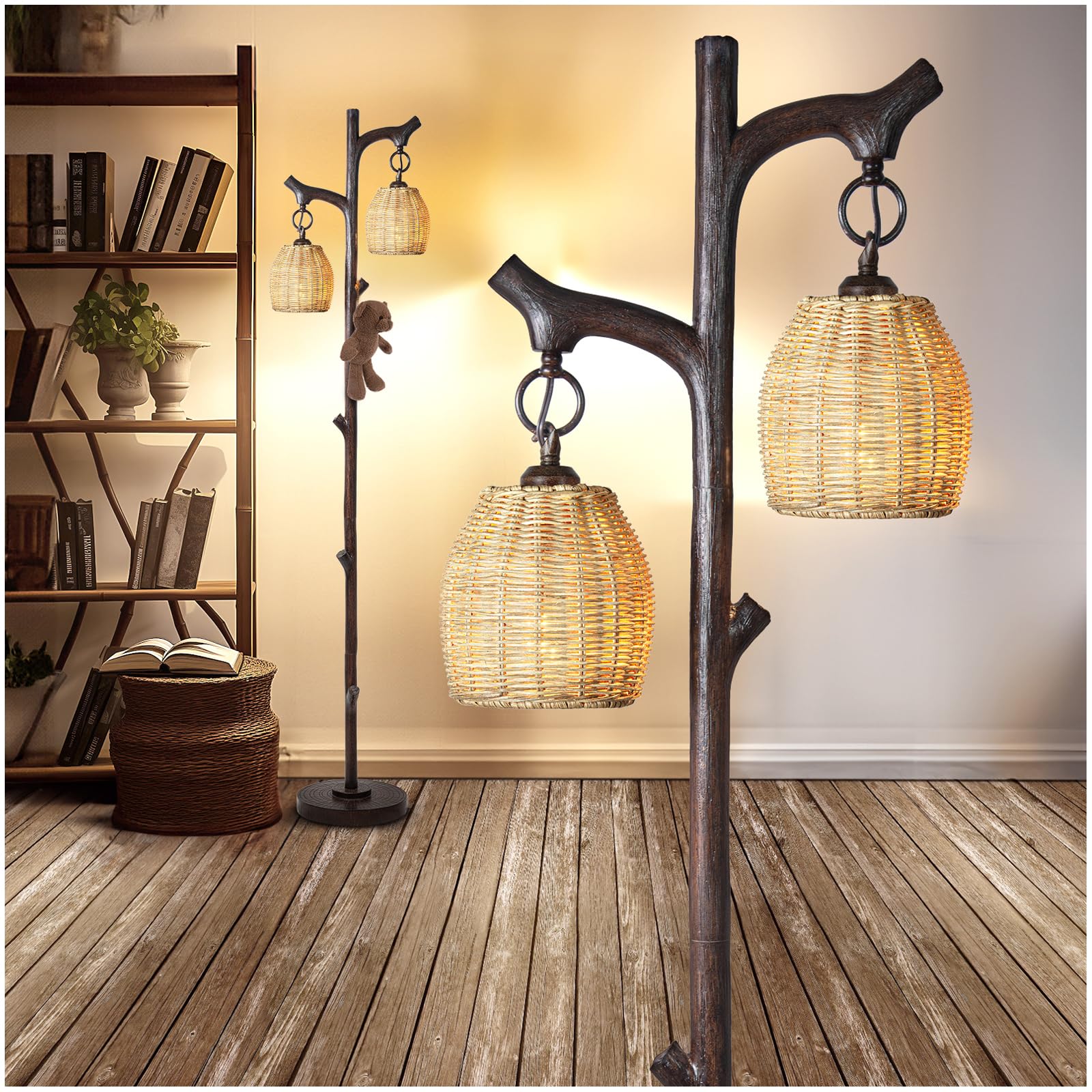 68.5" Rustic Farmhouse Remote Control Switch Birch Tree Floor lamp with Bird Nest Lantern Shade Vintage Standing Lamp for Living Room Bedroom Hotel Bar Office Wood House(LED Bulb Included)