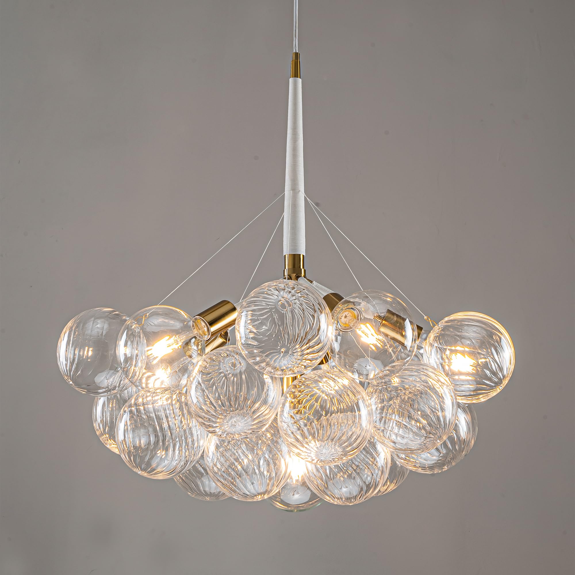 Semi Flush Mount Ceiling Bubble Ball Chandelier Lighting Dia 20 Inch Gold Clear Ribbed Blown Glass Chandeliers Ceiling Medallions Light Fixtures for Bedroom, Living Room, Entry, Bathroom