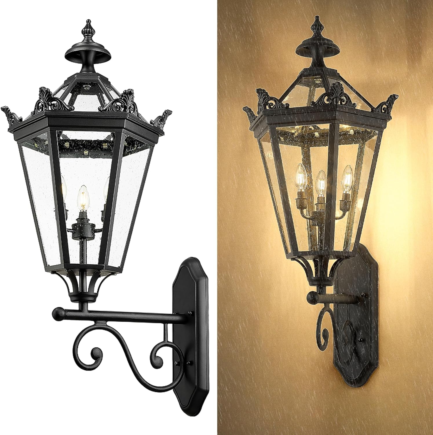 32 Inch Outdoor Front Door Hanging Light, Farmhouse Exterior Pendant Lantern Waterproof Ceiling Mount with Seeded Glass, Black Finish, XE283H BK