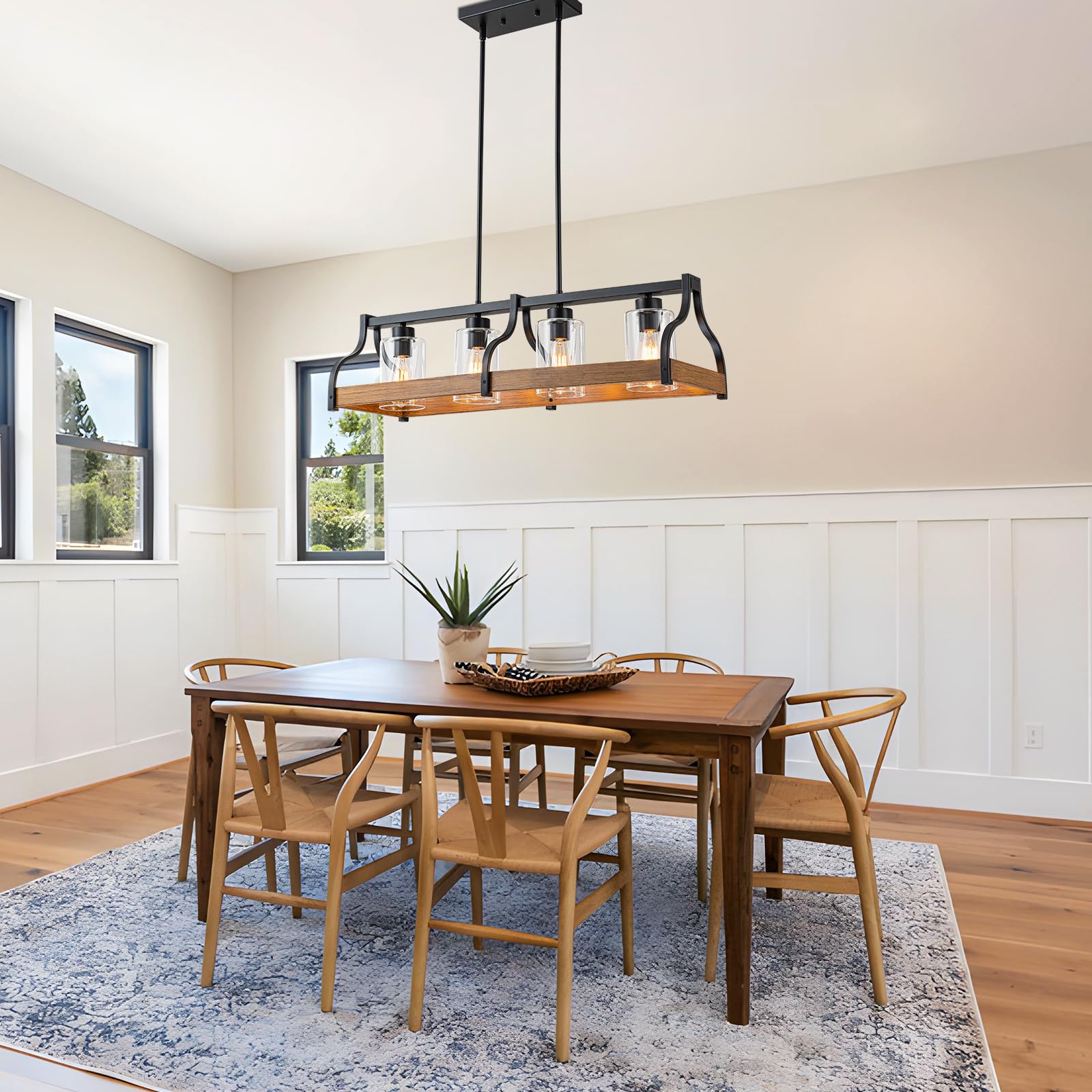 Farmhouse Kitchen Island and Dining Room Chandelier,Rustic 4-Light Linear Pendant Light Fixture with Adjustable Height and High Brightness,Black Industrial Hanging Light