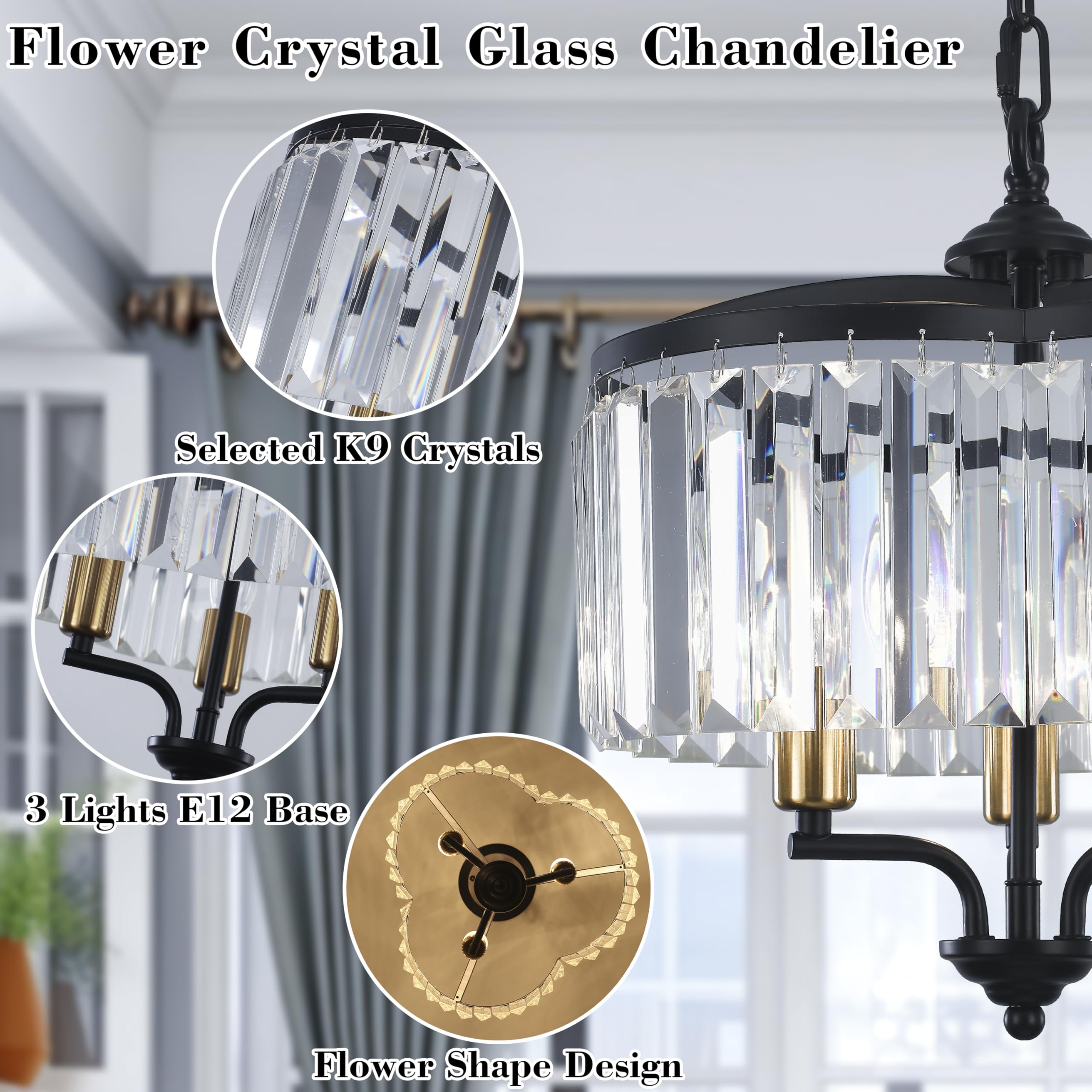 Modern Black Glass Chandeliers for Dining Room Water Ripple Glass Light Fixture 6-Light Crystal Chandeliers for Kitchen Island Living Room Bedroom