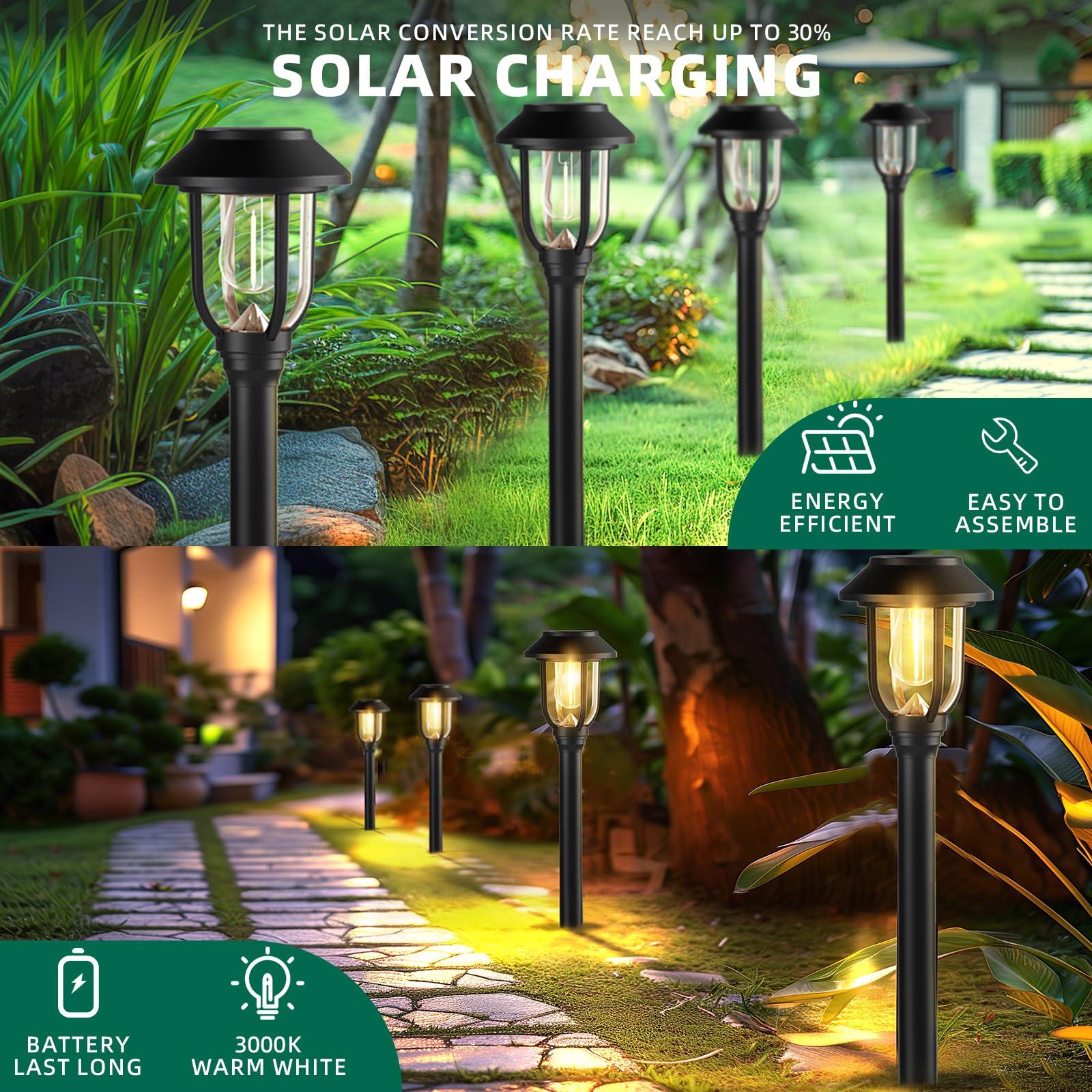 10 Pack Solar Lights Outdoor,Waterproof Solar Pathway Lights Outdoor Garden Lights Auto On/Off Landscape Lighting for Yard Pathway,Walkway,Path Black