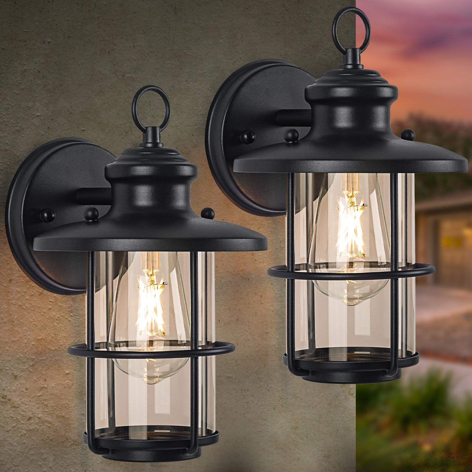 Outdoor Light Fixture 2 Packs, Exterior Waterproof Wall Sconce Light Fixtures, Outdoor Wall Lighting with Clear Glass Shade, Anti-Rust Porch Lights for Outdoor with E26 Base