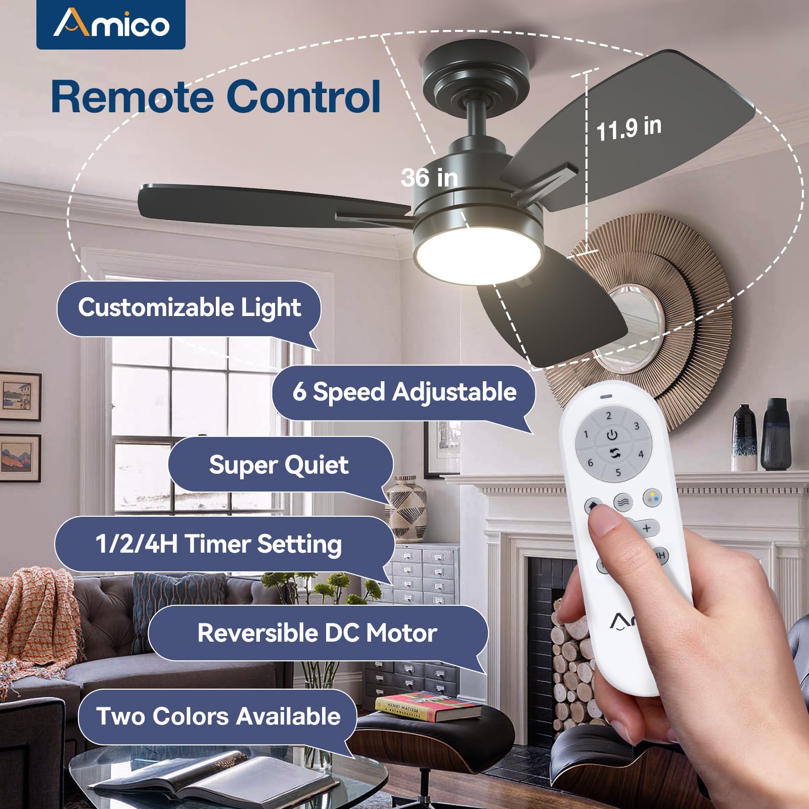 Ceiling Fans with Lights, 44 inch Ceiling Fan with Light and Remote Control, Reversible, 3CCT, Dimmable, Noiseless, Small Black Ceiling Fan for Bedroom, Indoor/Outdoor Use