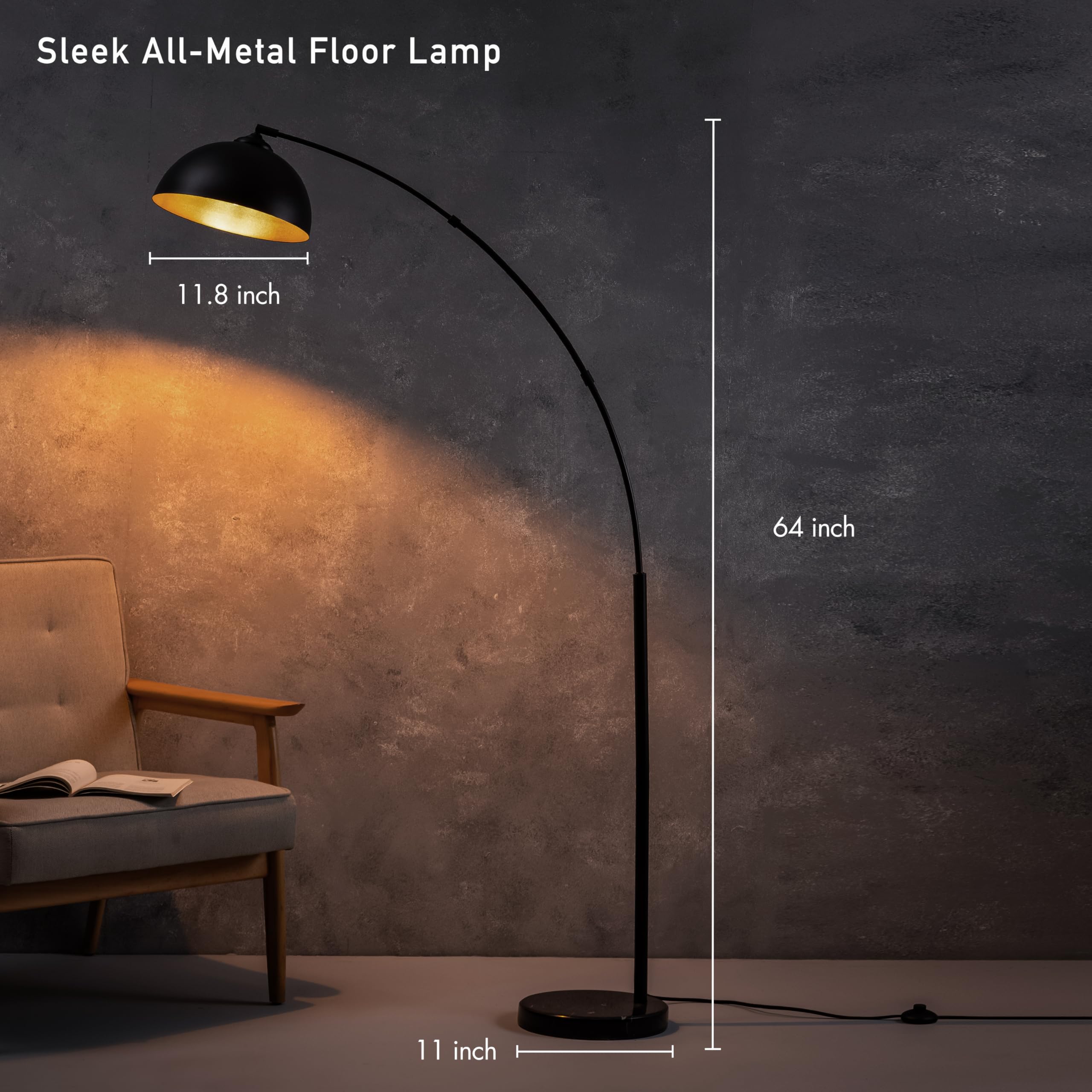 Moab - Modern Arc Floor Lamp with Adjustable Dome Shade, Marble Base, and Foot Pedal Switch, 64 Inch - Ideal for Living Room, Bedroom, Office, Brushed Gold